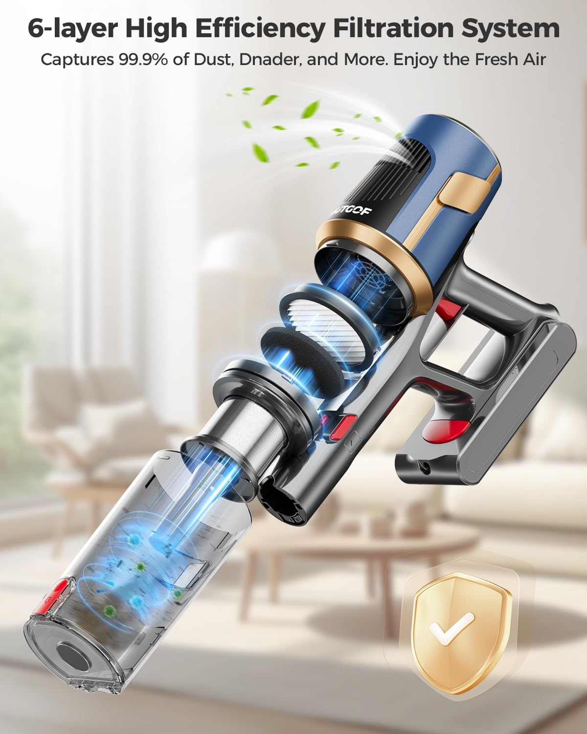 Cordless Vacuum Cleaner, 45Kpa Vacuum Cleaners for Home, Max 50Mins Runtime, Anti-Tangle Stick Vacuum, LED Screen, 1.5L Dust Cup, Rechargeable Lightweight Vacuum for Hardwood Floor, Carpets, Pet Hair image number 4