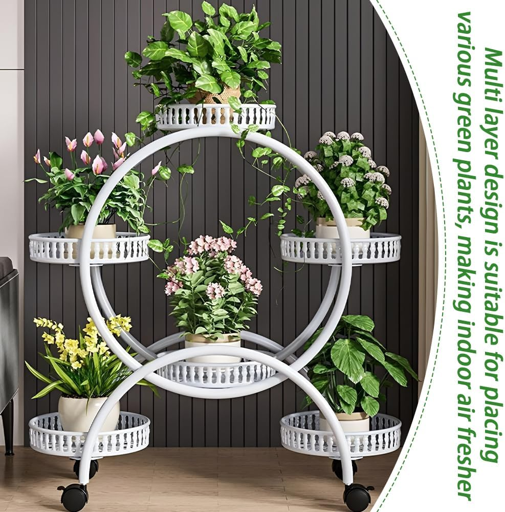 Metal Planter, Flower Stand, Creative Metal Plant Display Stand with Wheels and 1 Set of Gardening Tools, Suitable for Study Balcony Living Room and Bedroom, White, 52*80Cm image number 5