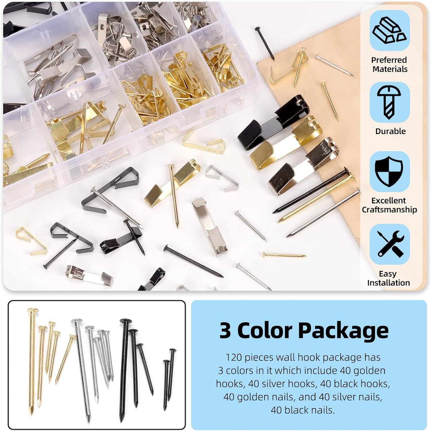 Glarks 120Pcs 10Lb/20Lb/30Lb/50Lb/100Lb Picture Hangers Hooks with Nails Kit, Gold Black Silver Picture Photo Hanging Hooks with Nails, Picture Hanging Kit for Frame, Painting, Art, Photo - Black image number 6