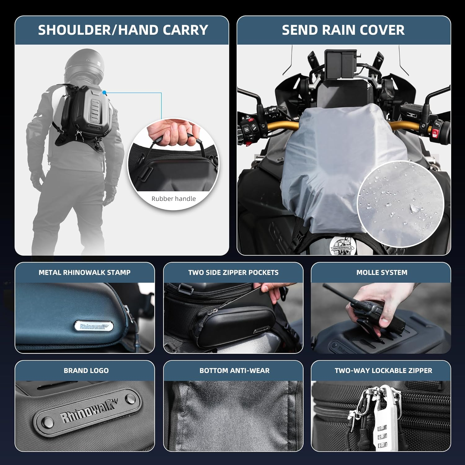 Rhinowalk Motorcycle Tank Bag Hard Shell Waterproof Expandable Motorcycle Seat Storage Bag 15-18L Motorbike Luggage Bag Backpack, YMTR3001KC, Carbon Black image number 2