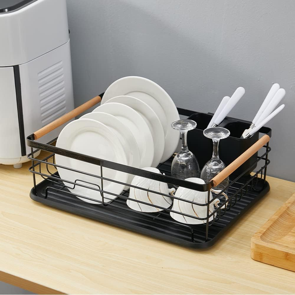 Dish Drainer Rack with Removable Drip Tray, Metal Kitchen Dish Drying Rack Organiser with Wooden Handles, Dish Rack, Dish Drainers, Black, 43 X 30.5 X 14 Cm image number 2