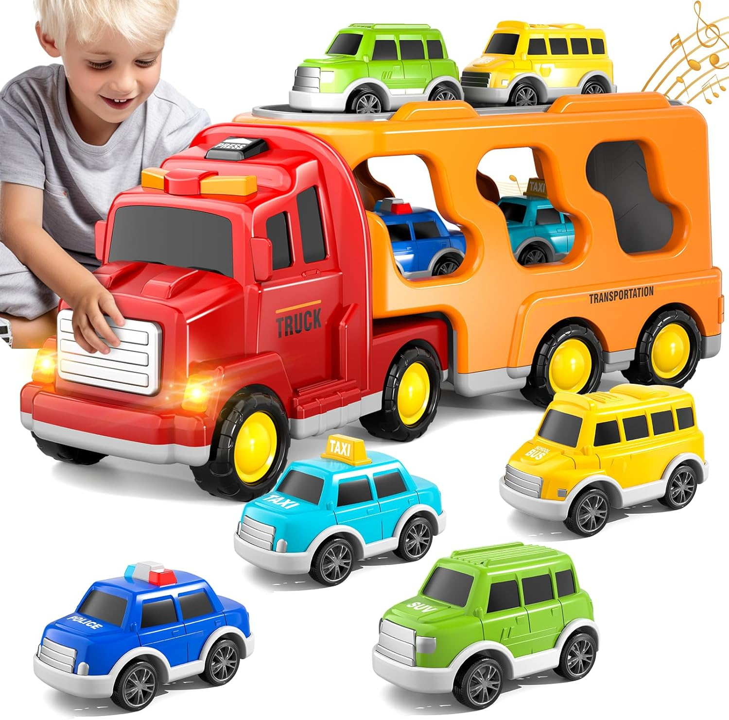Trucks Cars Toys for 3 4 5 Year Old Boy Toddler, 5 in 1 Carrier Truck Bus Veihicle Playset Boy Toddler Toys with Light Sound, Birthday for Boys Toddlers Kids image number 6