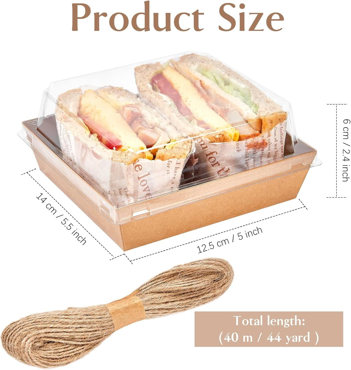 50Pack Paper Charcuterie Boxes with Clear Lids Square Sandwich Boxes with 44Yd Twine Disposable Food Containers for Swiss Roll, Strawberries, Slice Cake, Cookies, Brown image number 6