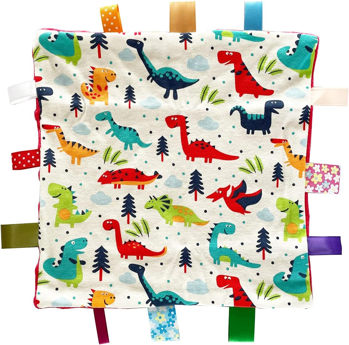 1 PC Red Dinosaur Baby Tag Blanket, Cute Label Blanket, Small Tags Security Blanket for Kids Toddlers Gift(9.84X9.84Inch) - Pink image number 2