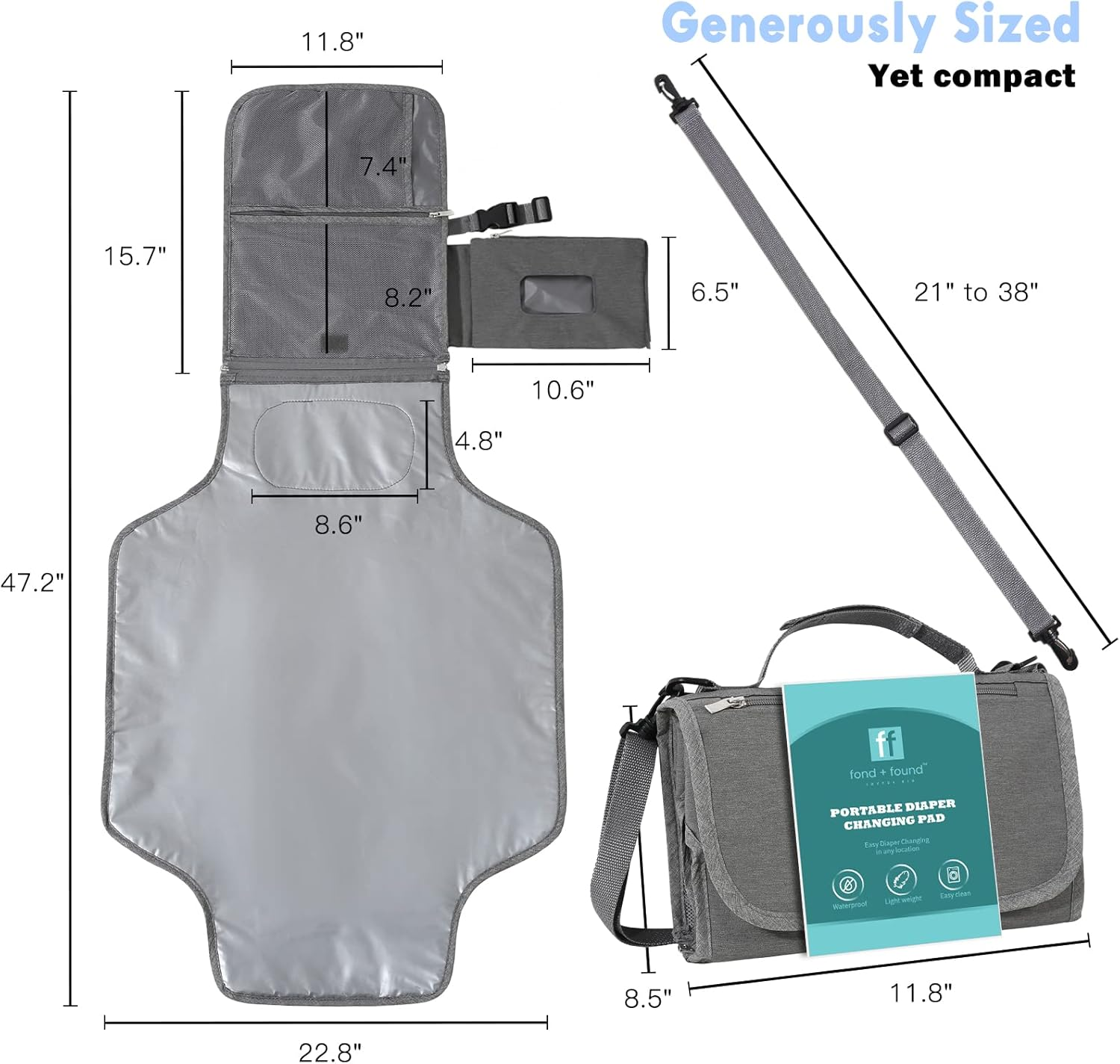 Fond + Found Portable Changing Pad with Shoulder Strap and Wipes Pocket - Waterproof Baby Changing Mat Travel Change Pad for Travel and Home image number 4