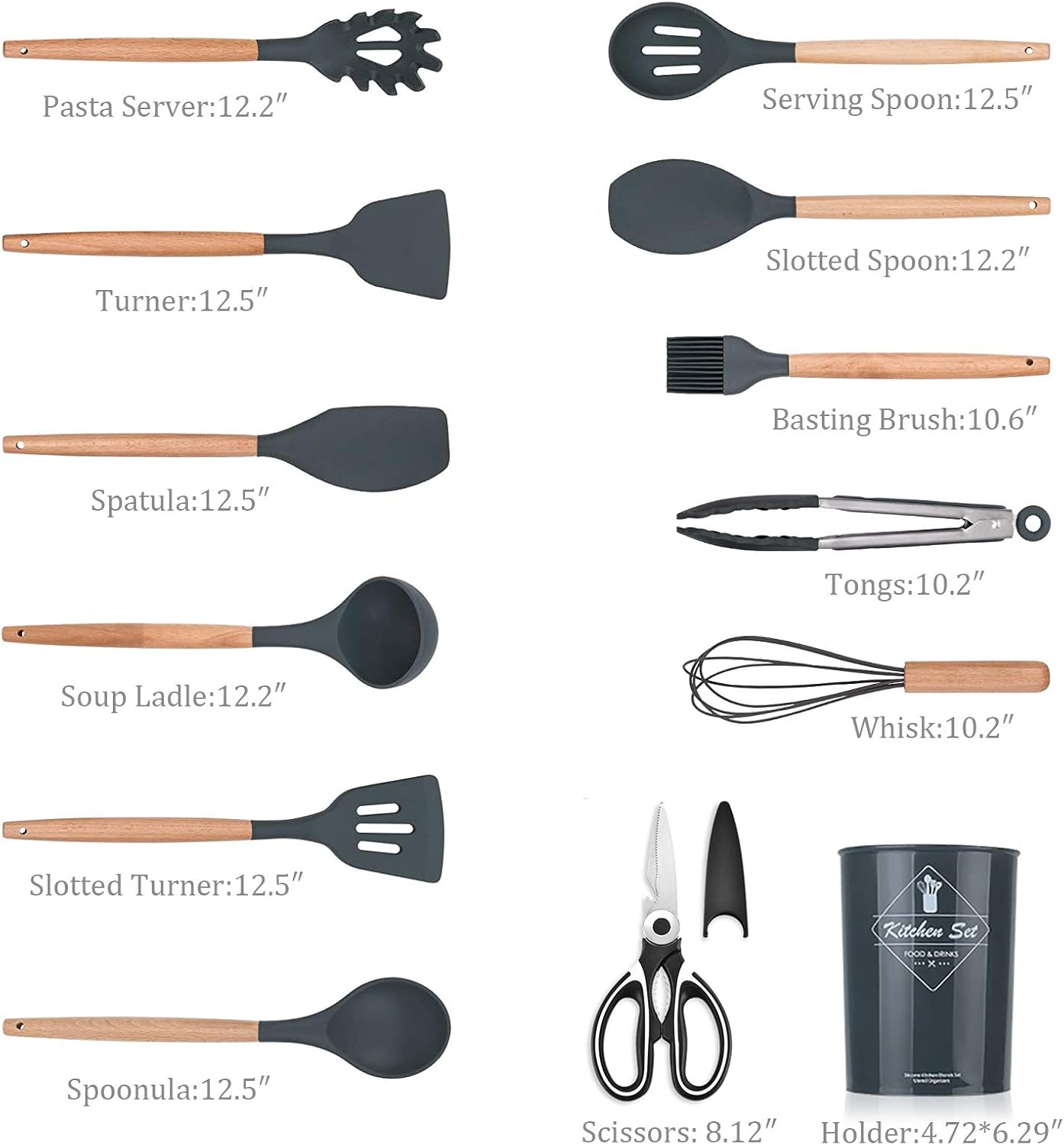 Kagoling Kitchen Utensil Set, Non-Stick Heat Resistant Kitchen Utensil Set, Silicone with Wooden Handle, 13 Pieces, Kitchen Utensils Including Spoons, Tongs, Whisk, Spatula image number 2