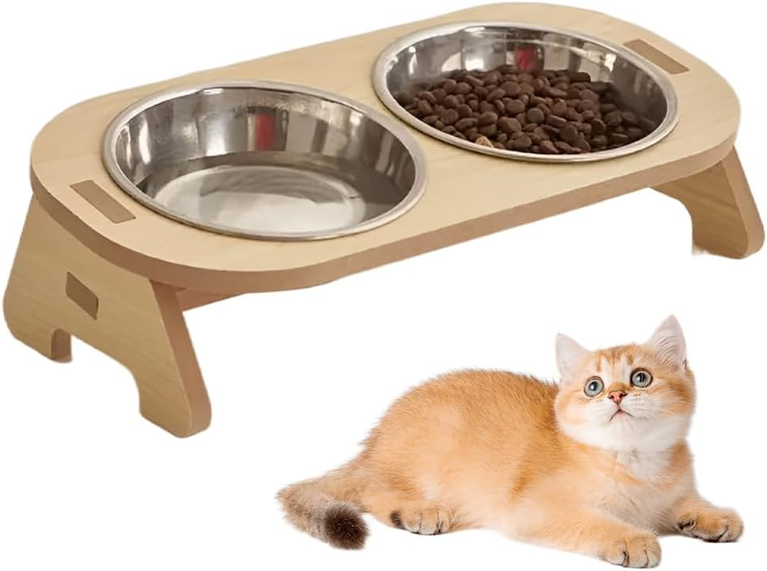 Elevated Cat Bowls Raised Cat Food Bowls, 15&deg;Tilted Stainless Steel Cat Bowls for Cats Puppy Small Dogs, Wooden Cat Food and Water Bowl Stand Feeder image number 2