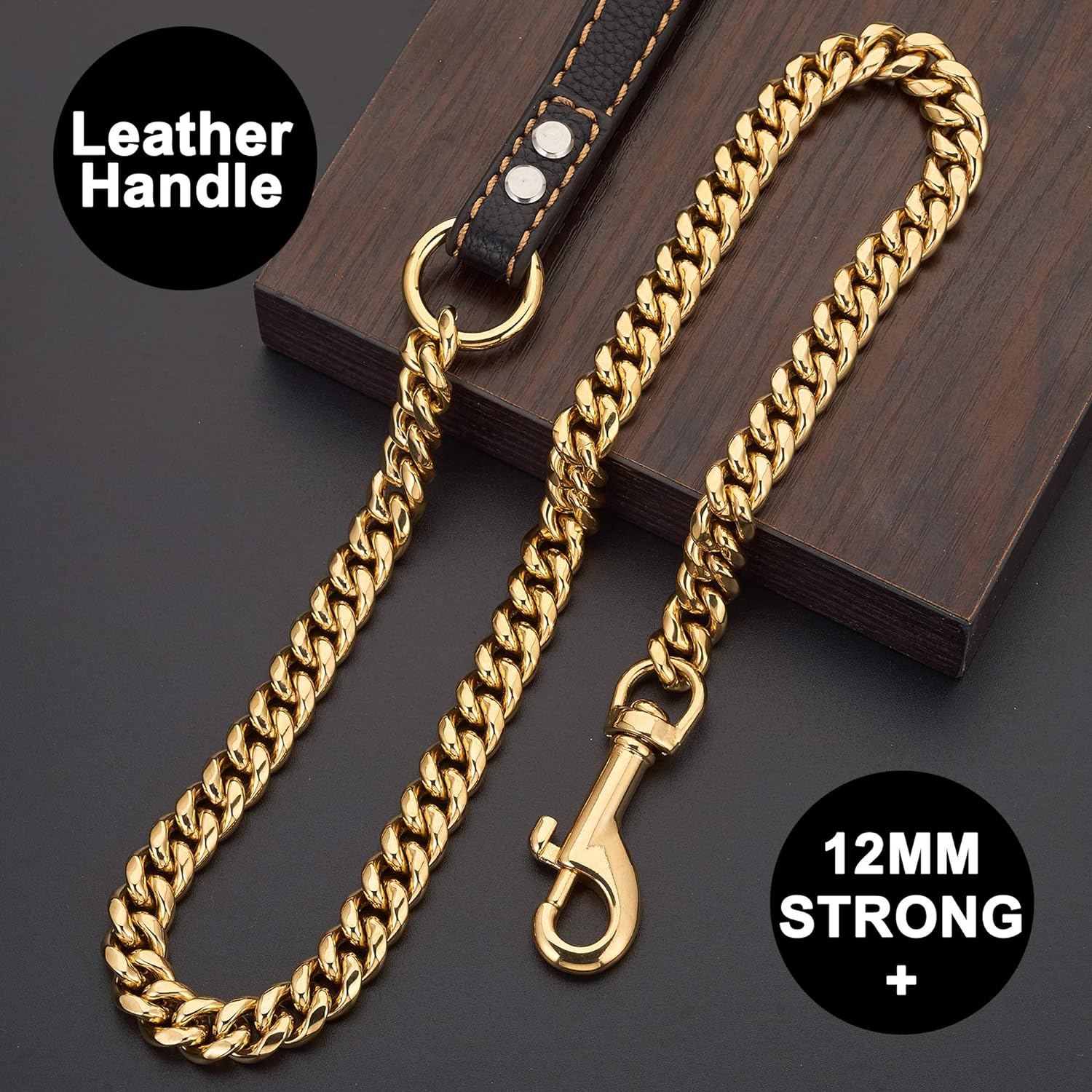 PRADOG Chain Dog Leash Metal Chew Proof 12MM Heavy Duty Pet Leash Chain with Leather Padded Handle for Large Medium Small Dogs(Total Length of 5Ft) image number 4