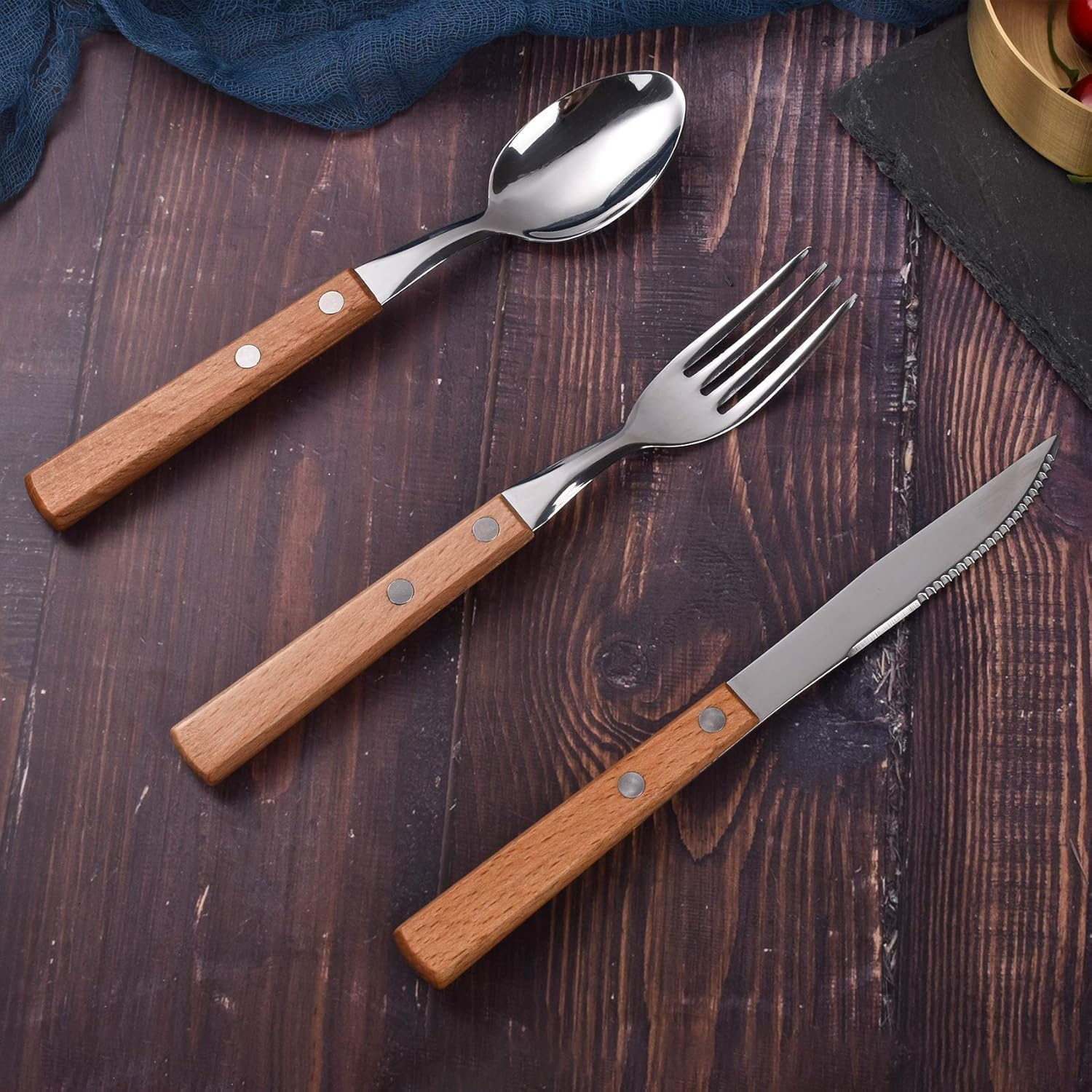 Cutlery Sets of 3, Dinner Spoons, Knife and Fork Set, Stainless Steel with Wooden Wide Handles, Flatware Set Tableware Dinnerware image number 3