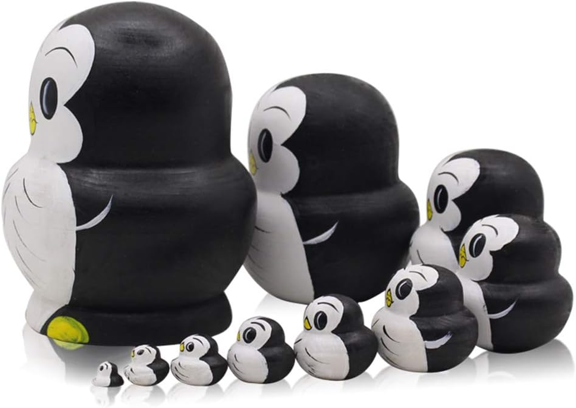 Moonmo 10Pcs Animal Pattern Wooden Nesting Toys Russian Nesting Dolls Matryoshka Stacking Dolls Penguin image number 6