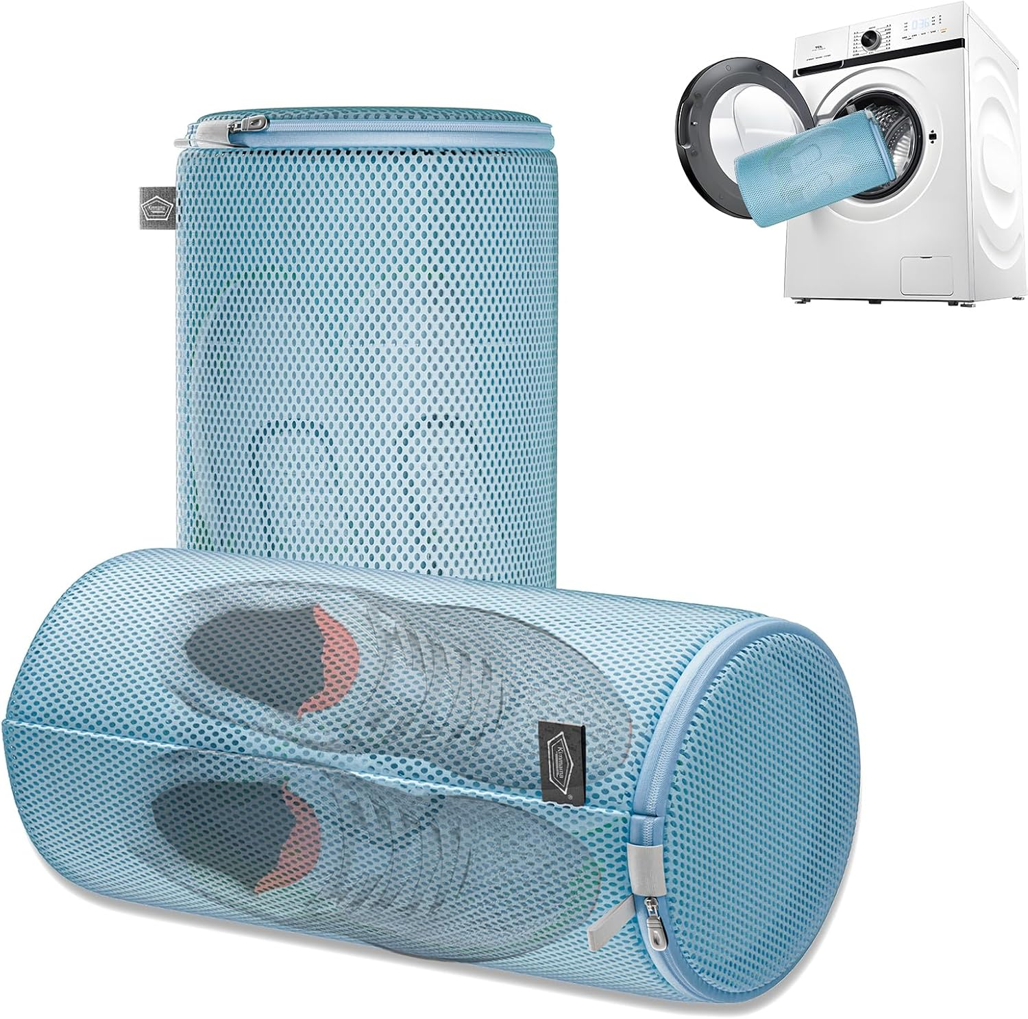 Kimmama Shoe Washing Machine Bag,Laundry Shoes Bag,Sandwish Mesh Sneaker Washing Machine Bag,Shoe Cleaning Sack for Gym Shoes,Sneaker,Slipper, Blue, 8X8X15"