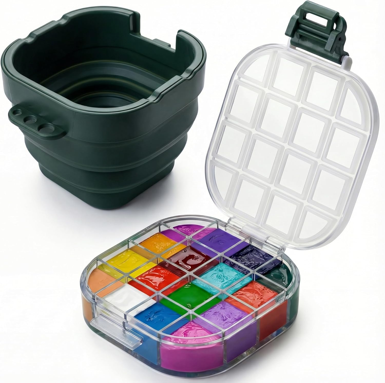 5.3 X 4.4 Inches Airtight Paint Palette Box, Valuable Container Combines Cleaning Brush Basin and Brush Holder, Using for Beginners Learning Art Project Workshops Outdoor Painting (Green)