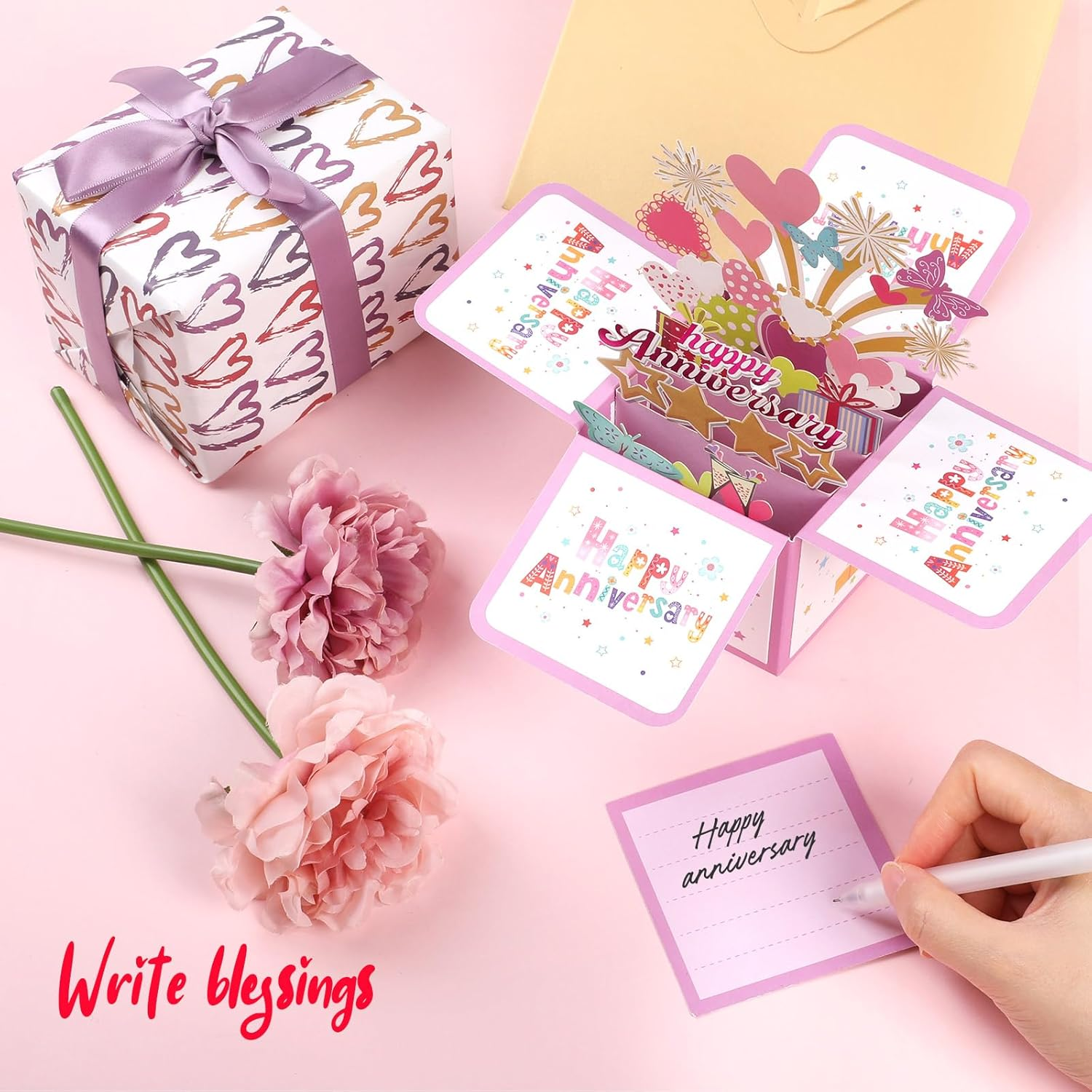 Bighan 3D Pop up Anniversary Card, Happy Wedding Anniversary Card Pop up Greeting Boxed Cards Anniversary Pop up Cards for Wife from Husband, Pink 2