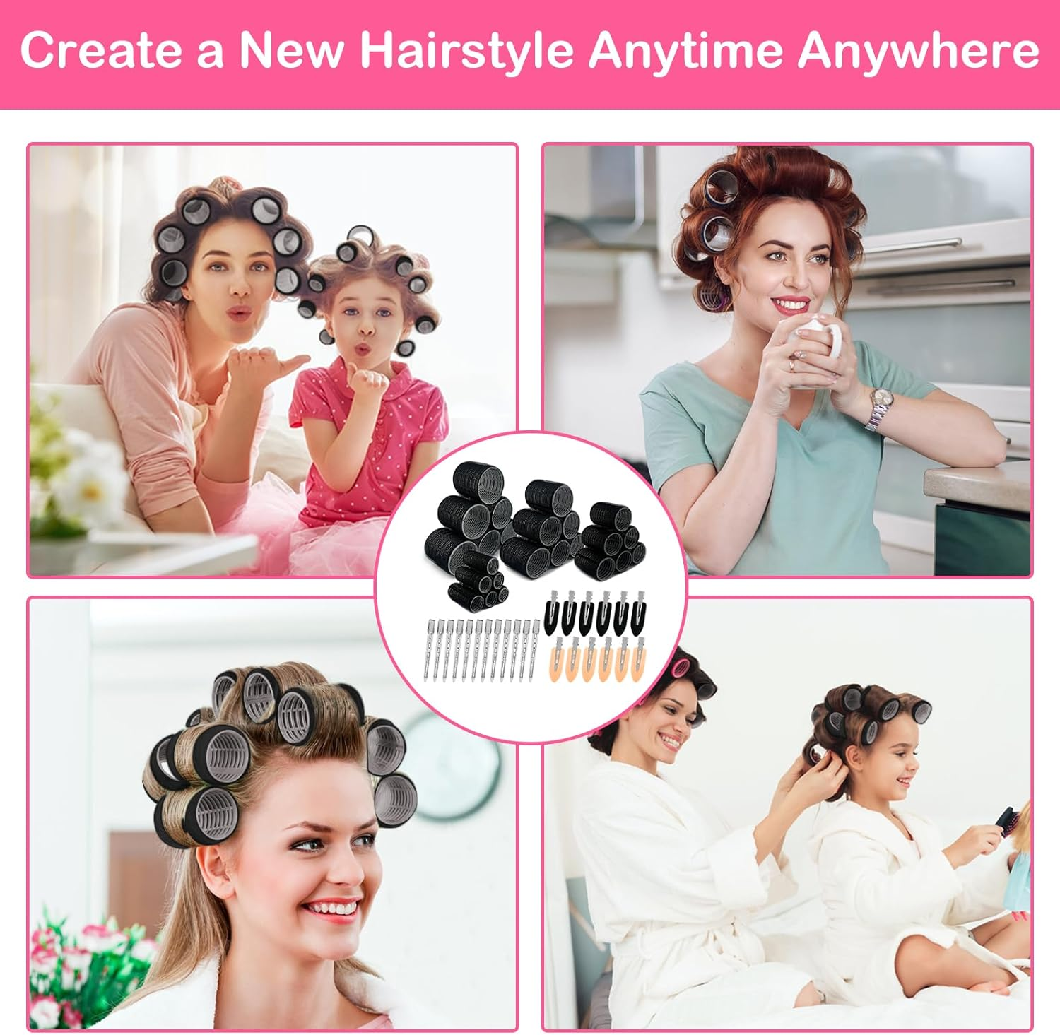 Curler Set, 48 Pieces Curls Set, 4 Sizes, 60 Mm, 48 Mm, 36 Mm, 25 Mm, Self-Adhesive Curlers with Clips, Hair Rollers for Long, Medium and Short Hair image number 3