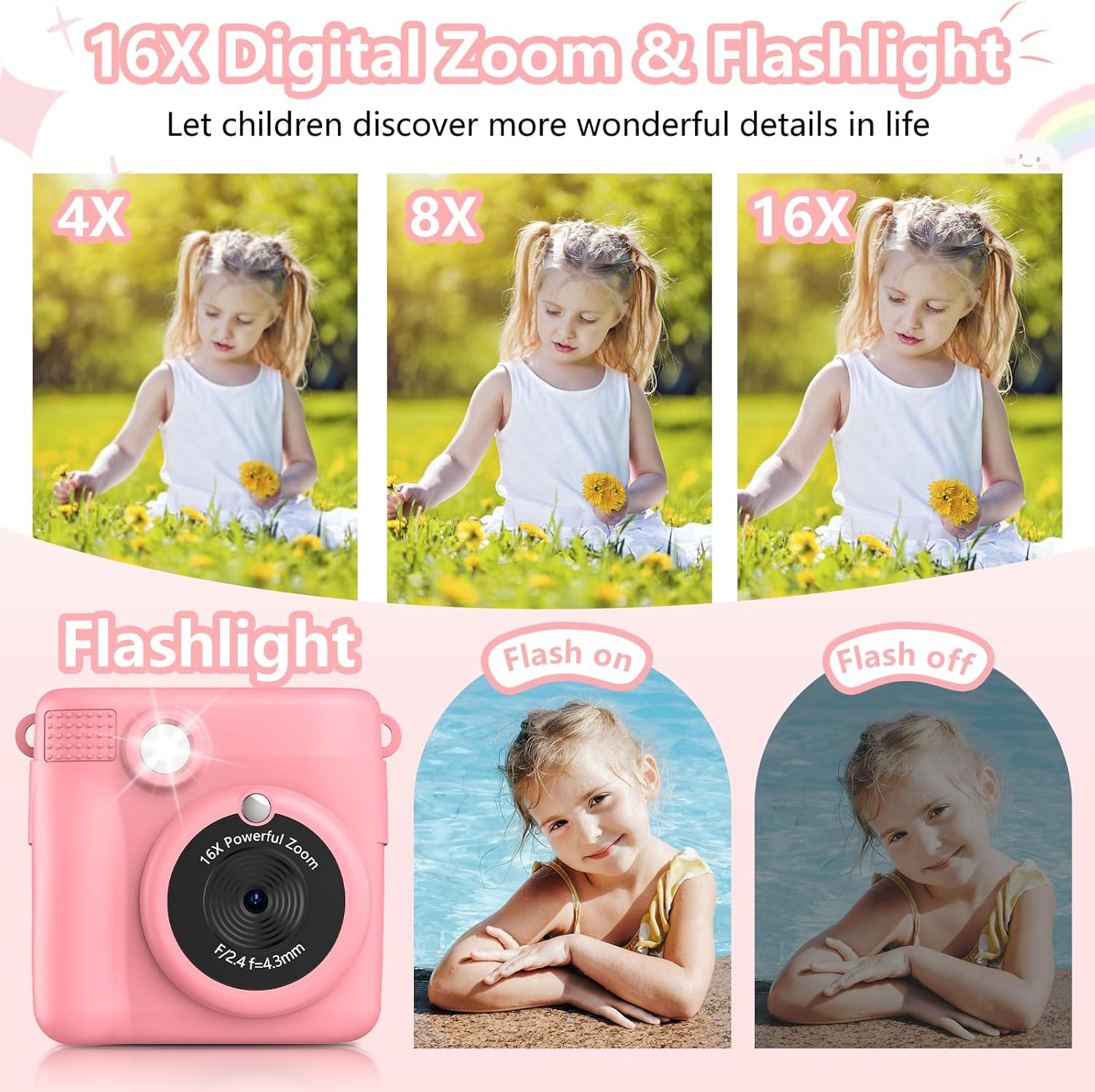 Instant Print Camera for Kids,Christmas Birthday Gifts for Age 3-12 Girls Boys，1080P HD Digital Video Cameras for Toddler,Kids Portable Toy with 3 Rolls Photo Paper，32Gb Card-Pink image number 5