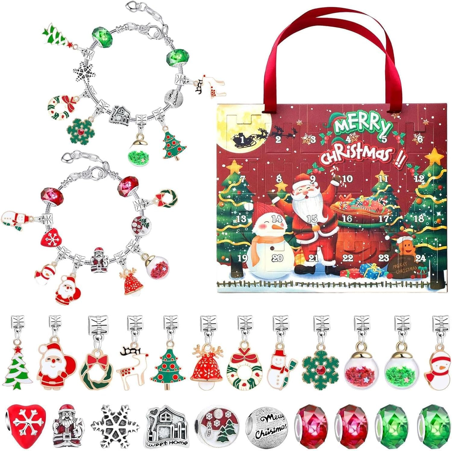 Bracelets Advent Calendar, Bracelets Advent Calendar Kit with 22 Charm and 2 Bracelets, Unique 24 Days Jewelry Christmas Countdown Calendar (Red)