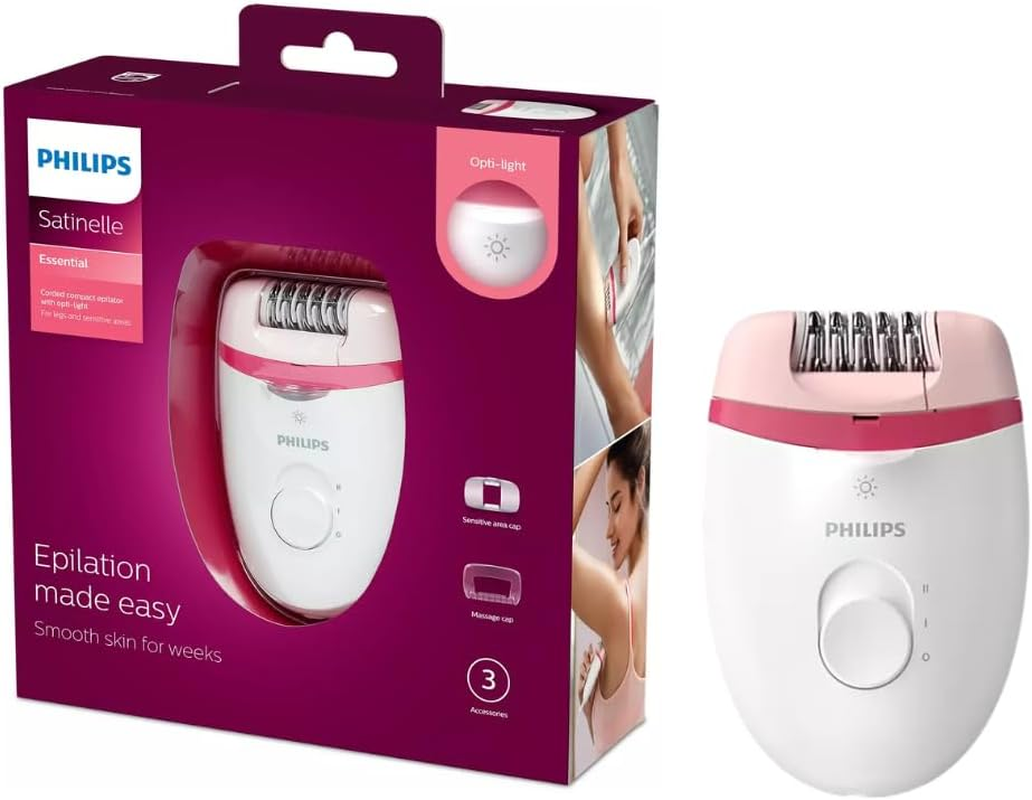 Philips Satinelle Essential Corded Compact Epilator for Legs - Includes Built-In Opti-Light, 2 Speed Settings and Travel Pouch, White/Pink, BRE255/00 image number 5