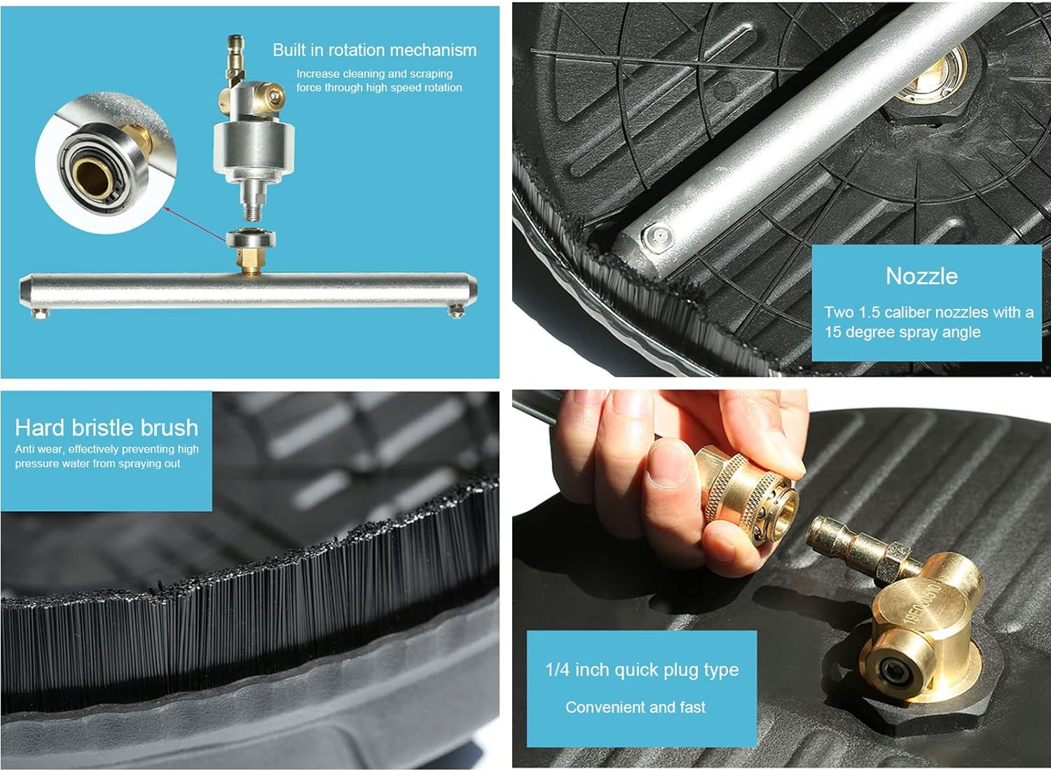 Pressure Washer Cleaner, 15 Inch Pressure Washer Cleaner 4000Psi 1/4 Inch Plug High Speed Rotation Efficient Hard Brush with Connecting Rod for Rubber Floor image number 2