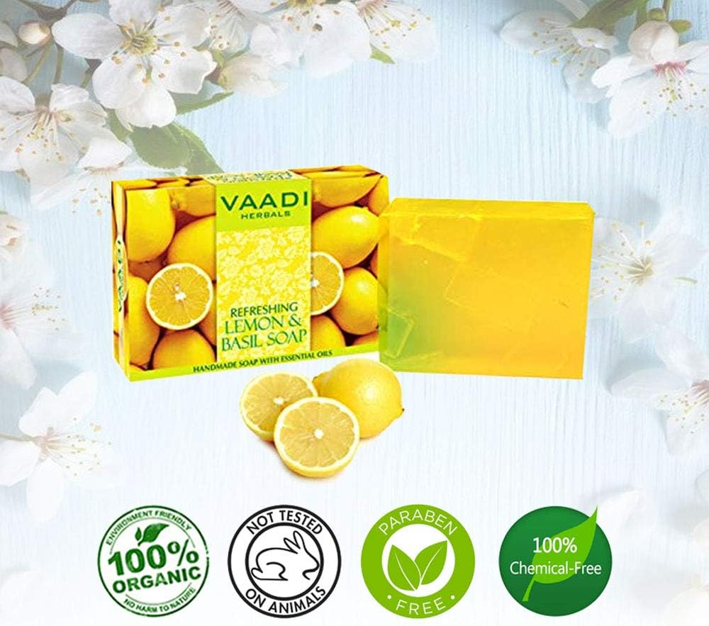 Vaadi Herbals Organic Body Soap Bar Lemon Basil Detoxifies Tones Brightens Skin Handmade Herbal Soap (Aromatherapy) with 100% Pure Essential Oils - All Natural - Anti-Acne Deep Pore Cleansing Removes Pimples Oil Control Sulphate Free All Skin Type 3 X 75 Gm image number 3