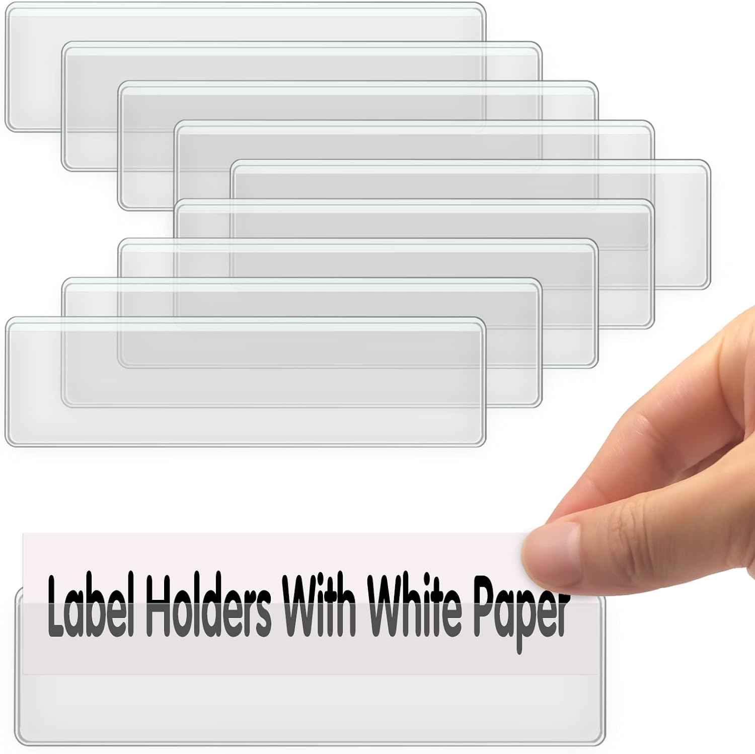 Self Adhesive Label Holders, ELEMGULY 55 Pcs Adhesive Shelf Tag Shelf Label Holder Clear Pocket Holder with Paper for Supermarket, Bookshelf, Kitchen (4.3 X 1.2 Inch) image number 4