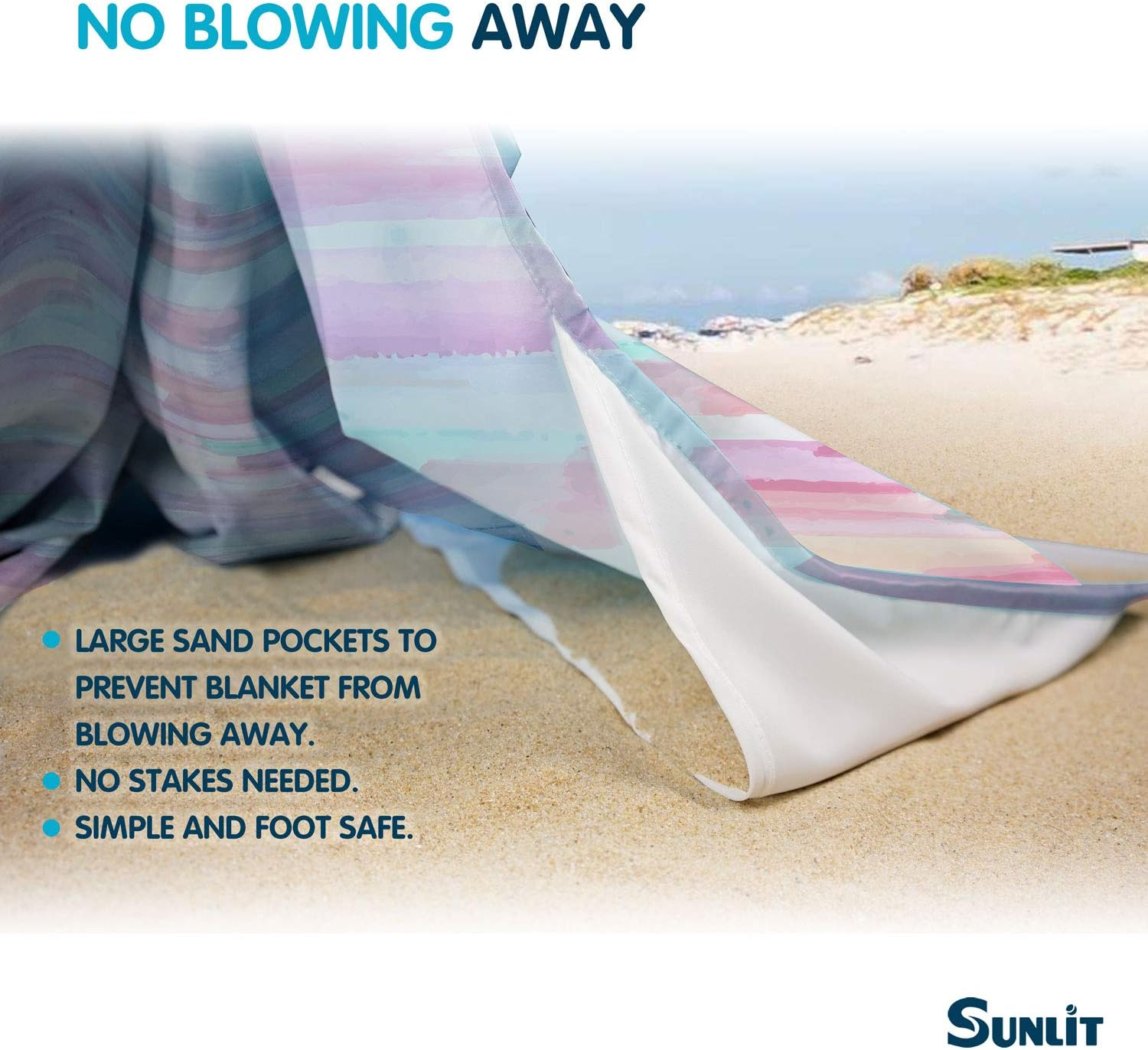 Sunlit Sand Proof Beach Blanket Sand Proof Mat with Corner Pockets and Mesh Bag 7' X 9' for Beach Party, Travel, Camping and Outdoor Music Festival, Watercolor Painting, Macaron Blue and Pink image number 3