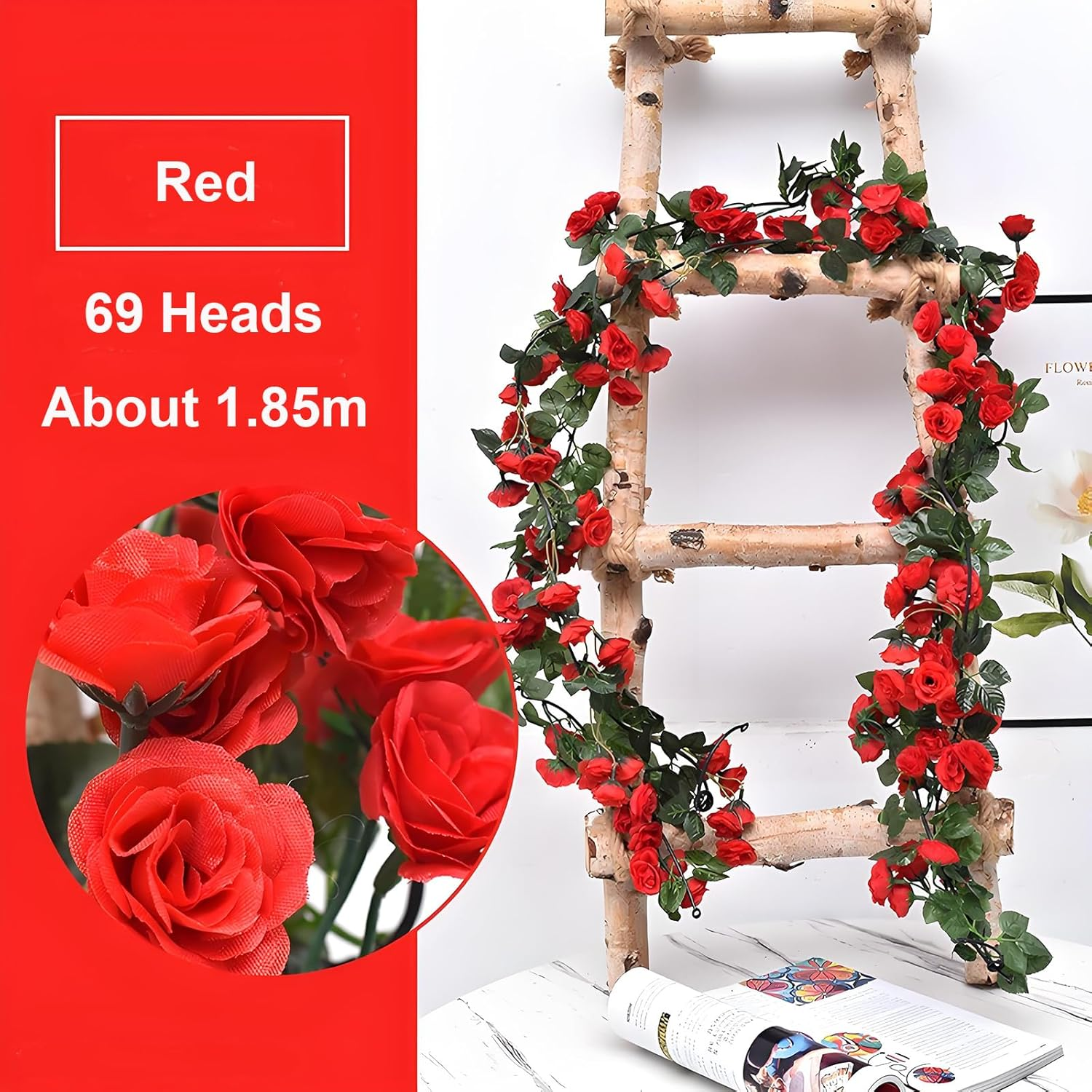 KEAIDUO 2 Pack 6Ft Artificial Fake Rose Garland Vines Hanging Silk Flowers for Outdoor Indoor Wedding Wall Badroom Decoration Red image number 5