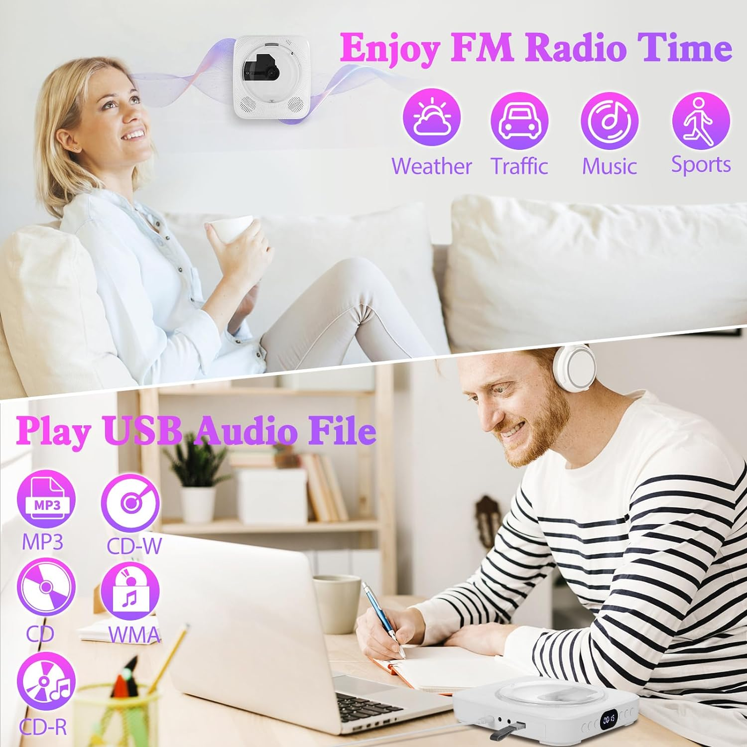 CD Player Bluetooth, SHIWAKOTO Desktop CD Players Wall Mountable, with FM Radio, USB Playback, LCD Screen, AUX Port, Hifi Audio Music Player for Home/Car image number 5