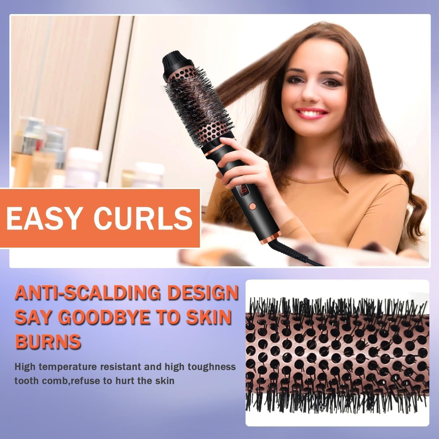 Thermal Brush, Curling Iron Brush Volumizing Heated round Ceramic Tourmaline Ionic Comb Dual Voltage Travel Curling Iron, Hairbrushes LCD Display, 10 Temperature Settings image number 6