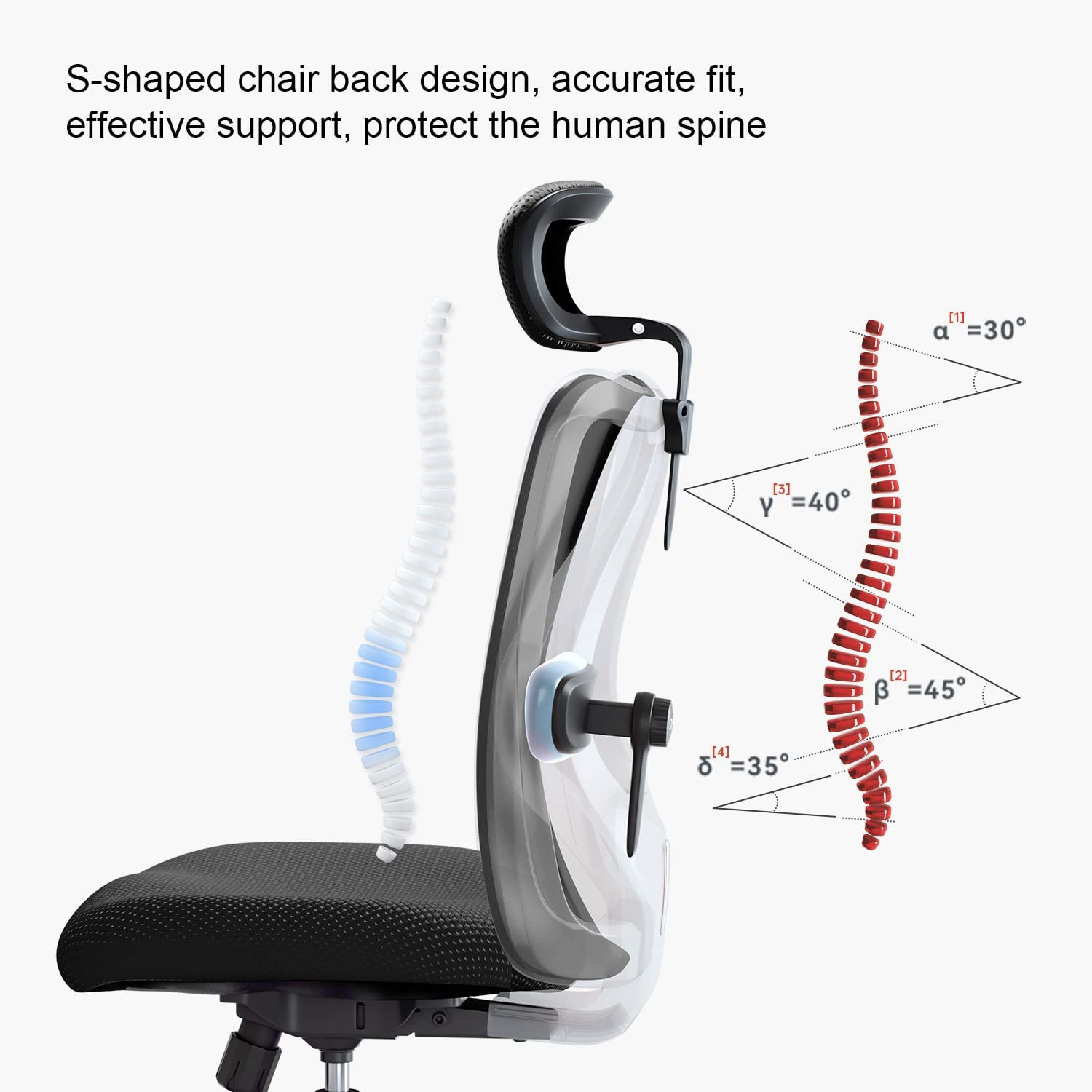 SIHOO M18 Ergonomic Desk Chair, Swivel Chair with Adjustable Lumbar Support, Headrest and Armrest, Height Adjustment and Rocker Function, Back-Friendly Office Chair, Load Capacity: up to 150 Kg image number 4