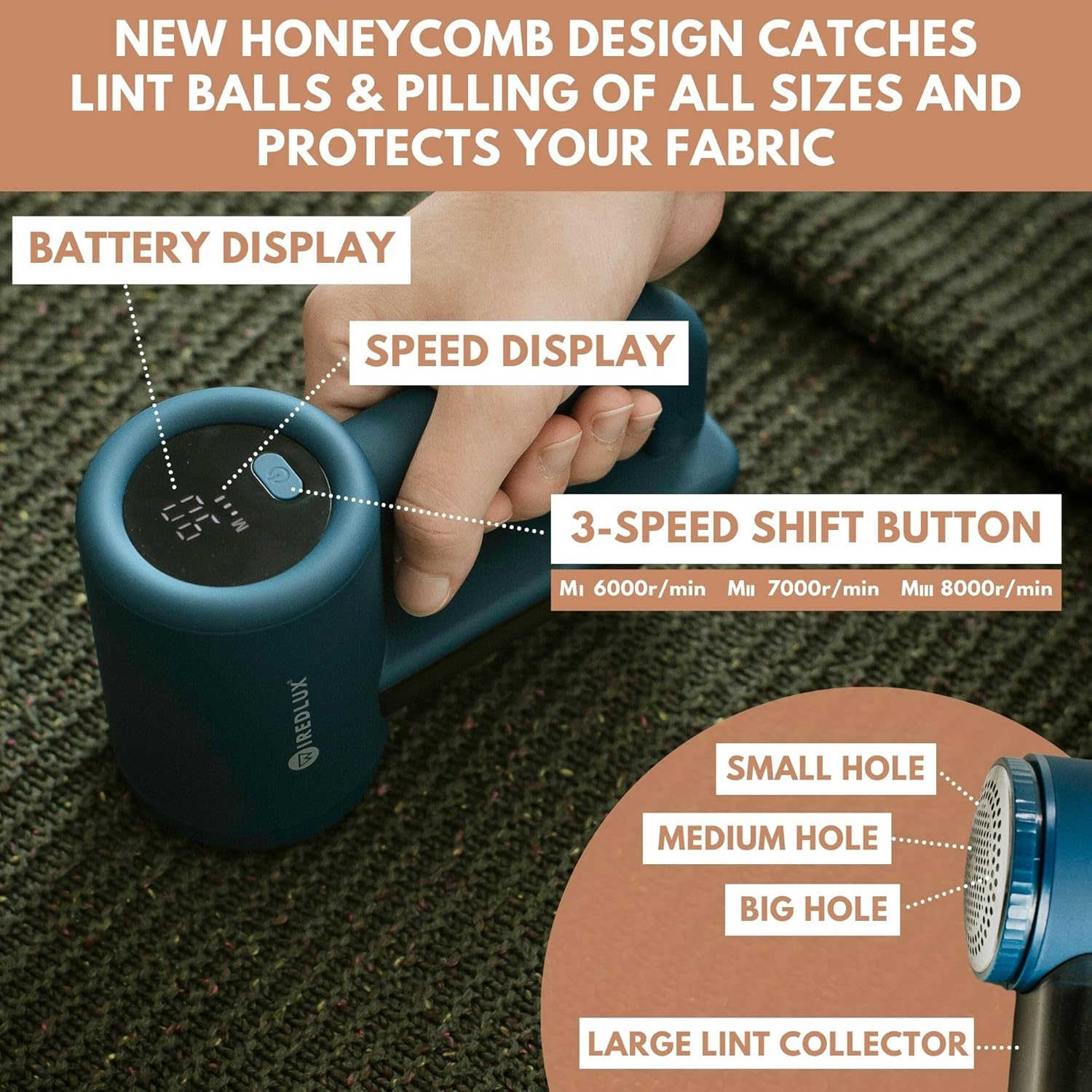 Electric Lint Remover Wiredlux - Rechargeable Fabric Shaver Bobble Remover for Clothes & Furniture - Adjustable 3-Speed, 6-Leaf Blade, LED Display, USB Charging image number 3