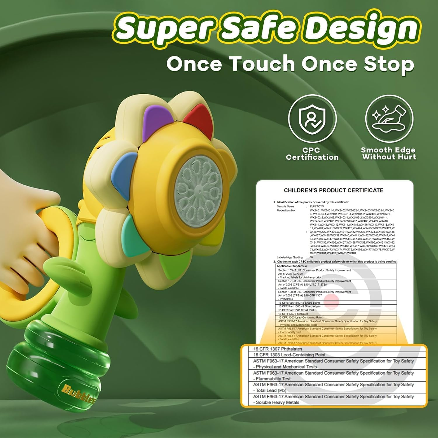 Bubble Machine for Kids, Automatic Sunflower Bubble Maker for Toddlers, Bubble Toys with LED Lighting & 10 Refill Solutions Rechargeable Bubble Blower for Indoor Outdoor Birthday Party Green image number 2