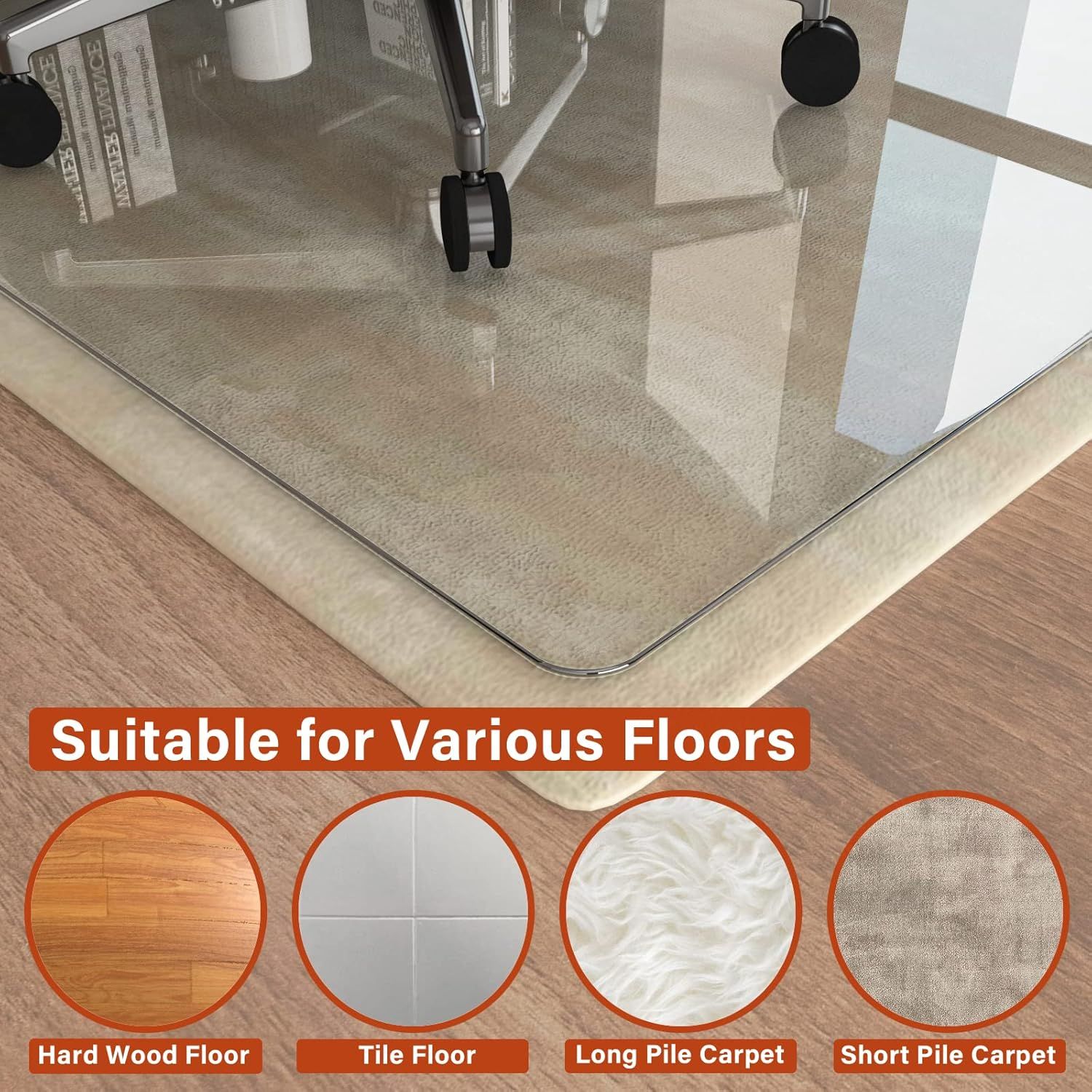 CONGUILIAO Glass Chair Mat, 115X139Cm Tempered Glass Office Chair Mat for Carpeted or Hardwood Floors, Computer Chair Mat Floor Protector Mat, Effortless Rolling, Easy to Clean (Transparent) image number 2