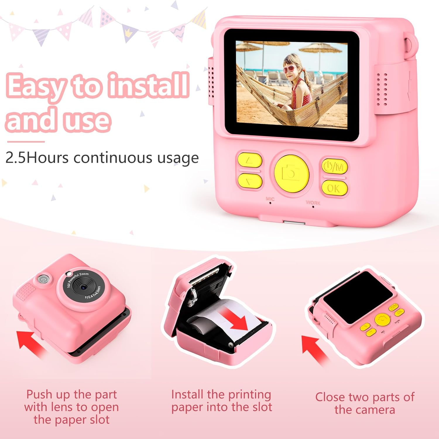 Instant Print Camera for Kids,Christmas Birthday Gifts for Age 3-12 Girls Boys，1080P HD Digital Video Cameras for Toddler,Kids Portable Toy with 3 Rolls Photo Paper，32Gb Card-Pink image number 1