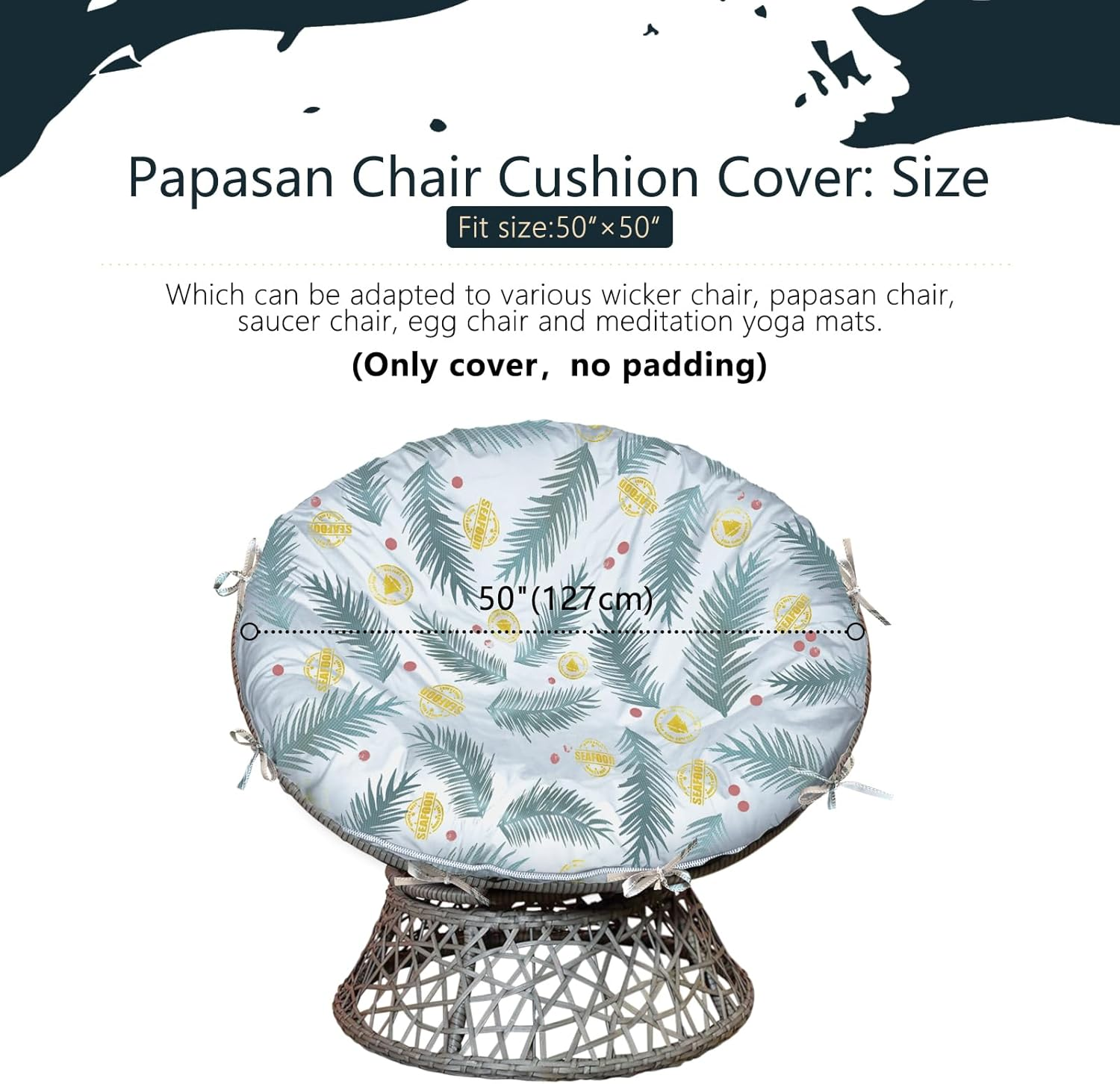 Papasan Cushion Covers 50" D - Blue Leaf Flower Color 600D Waterproof Heavy Duty Oxford Cloth Outdoor Patio Zippered Papasan Cushion Cover
