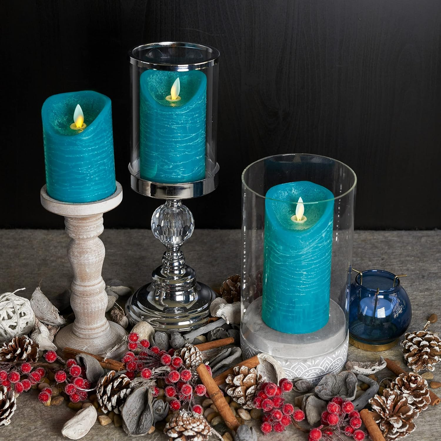 Flameless Candles Flickering LED | Battery Operated Electric Pillar Candle | Realistic Moving Flame Flicker with 2 Remote Controls & Timer | Real Wax Tempo Teal | Great Home Decor | Decorative Gift - Gold image number 7
