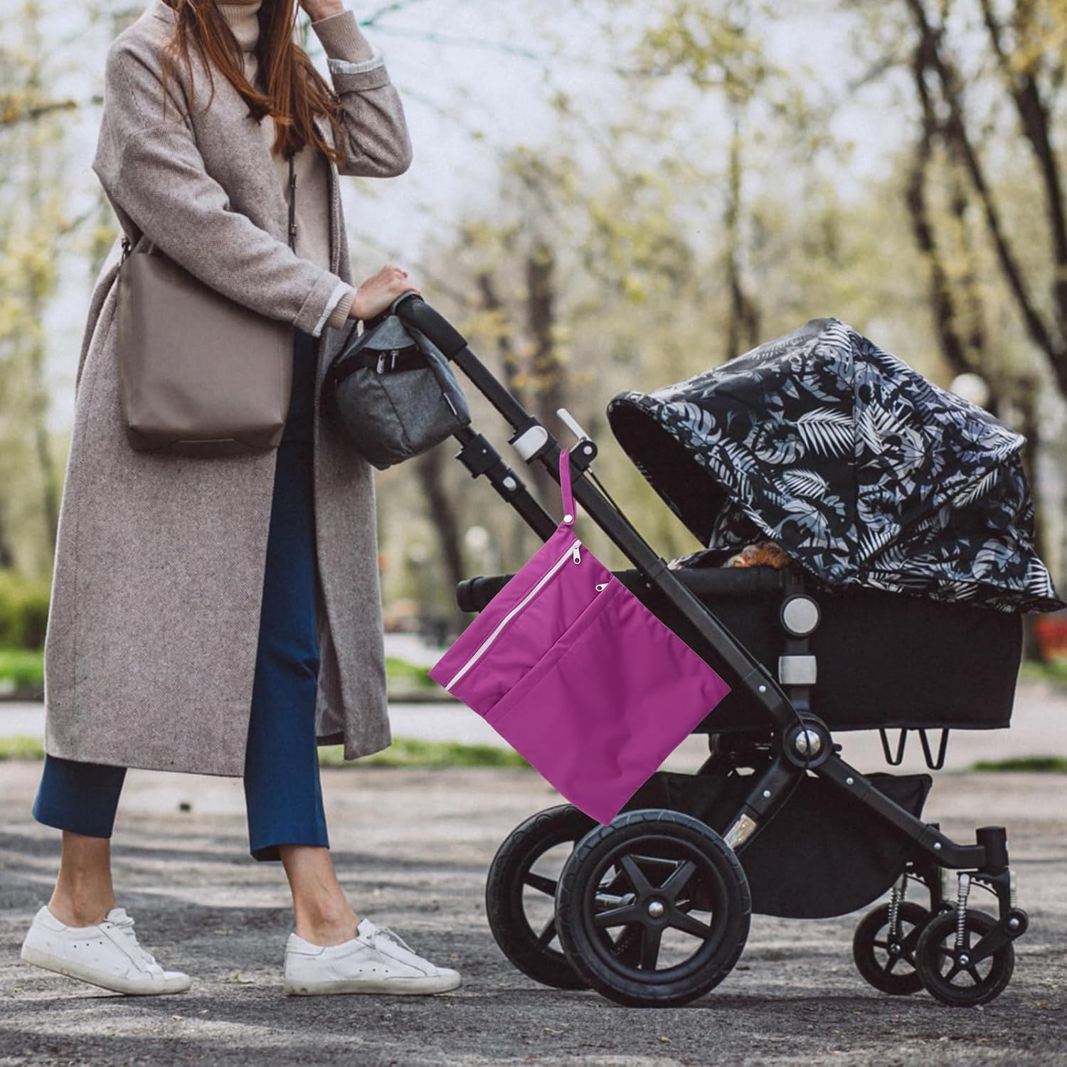 2 Pack Cloth Diaper Wet Bags - Double Zipper Pockets Waterproof Reusable Wet Dry Bag for Baby Diapers, Large Capacity with Wet Dry Separation (Green+Purple) image number 1