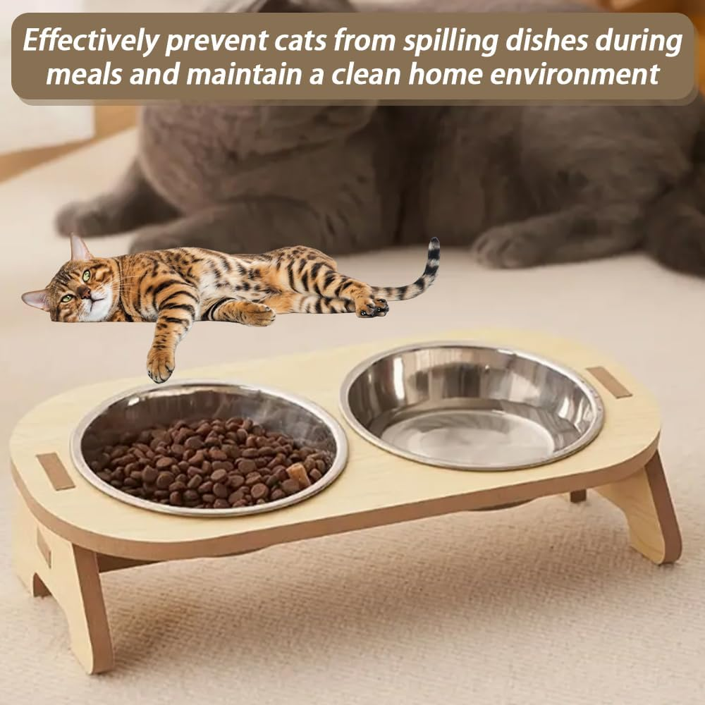 Elevated Cat Bowls Raised Cat Food Bowls, 15&deg;Tilted Stainless Steel Cat Bowls for Cats Puppy Small Dogs, Wooden Cat Food and Water Bowl Stand Feeder image number 5