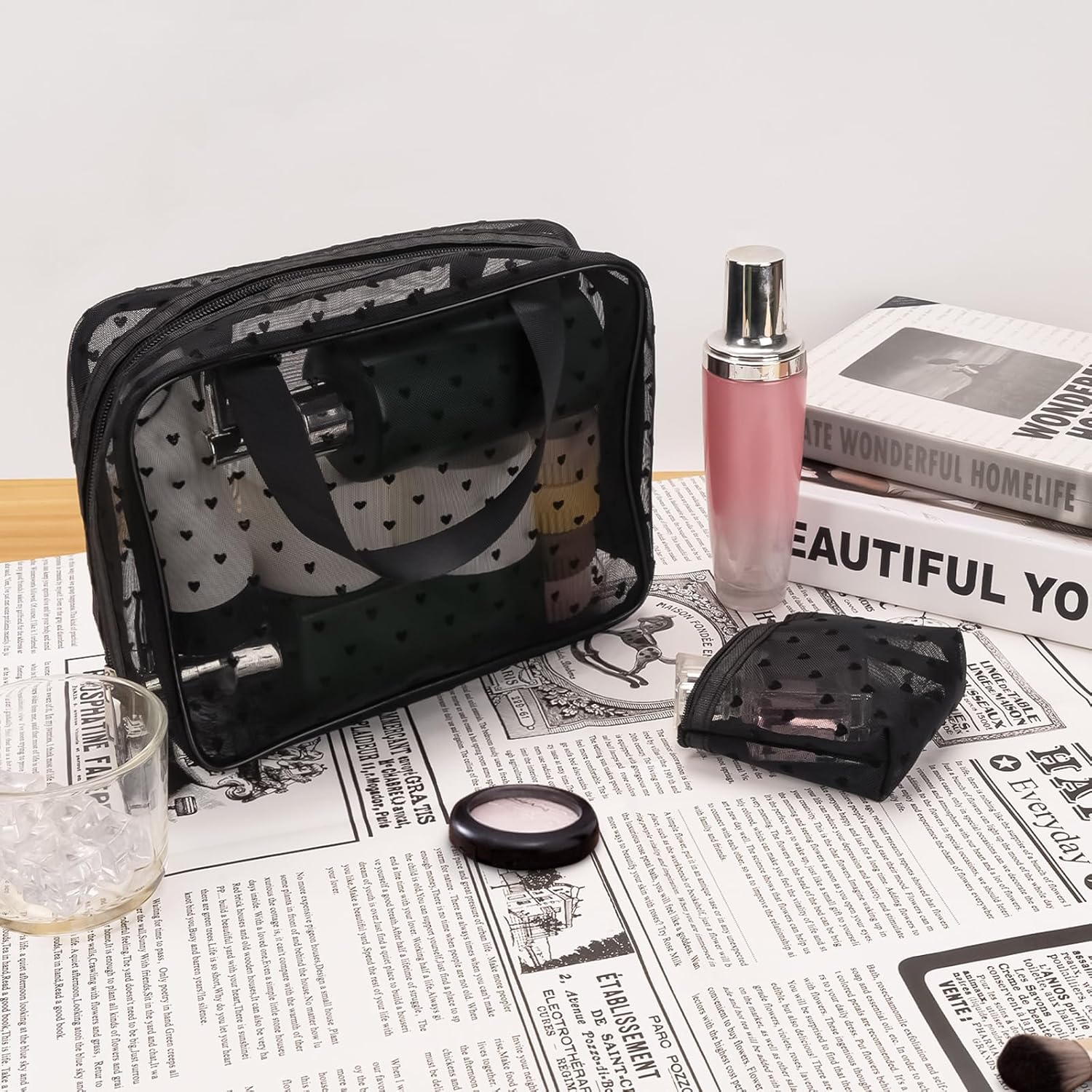 Mesh Makeup Bags, Heart Print Zipper Mesh Storage Pouch, Travel Cosmetic Accessories Organizer for Women, Black-Set of 3 image number 5