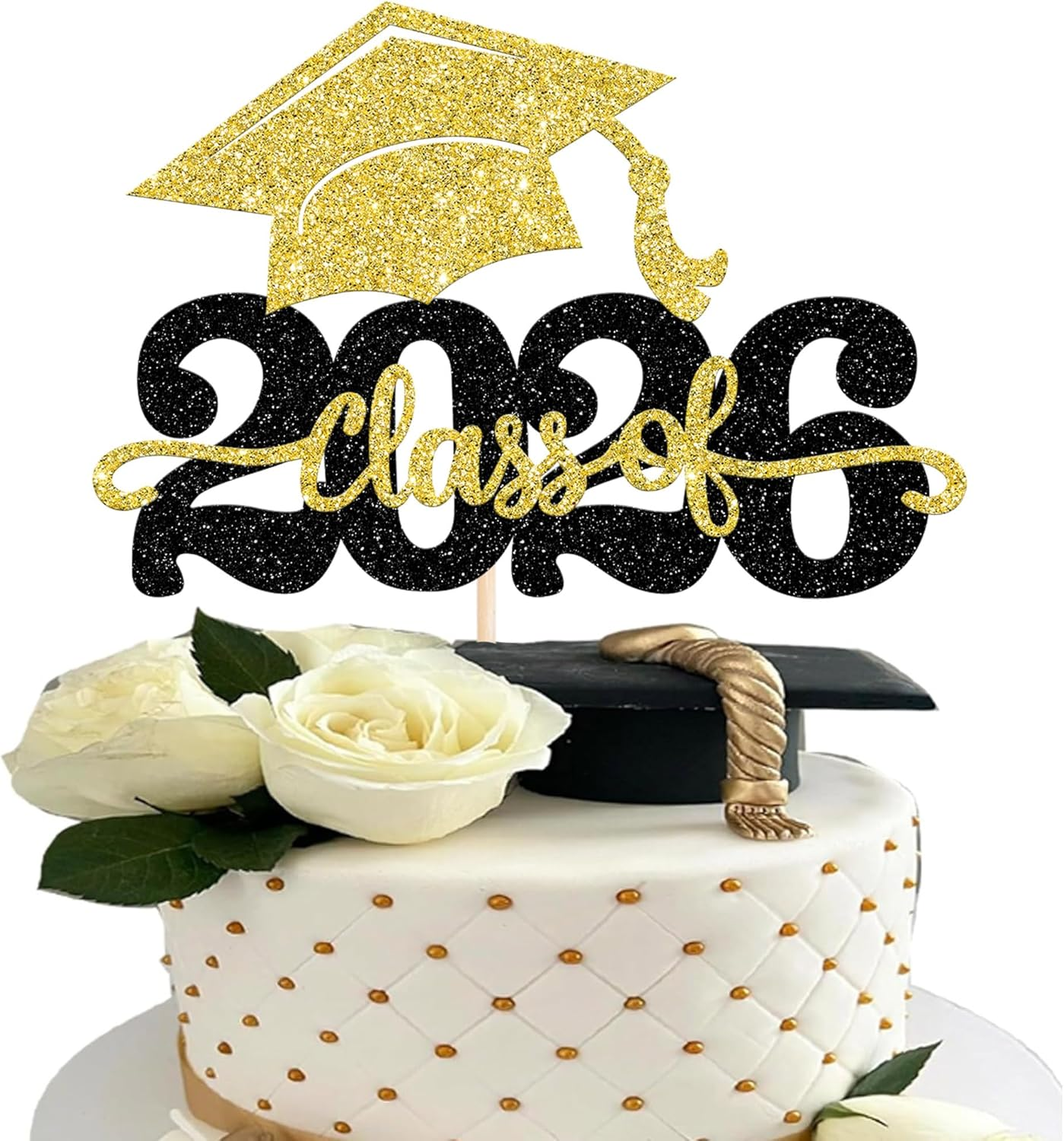 1 Pack Class of 2026 Cake Topper Glitter Congrats Grad Cap 2026 Graduation Cake Pick for 2026 Graduation Theme High School Boys Girls Graduate Party Cake Decorations Supplies