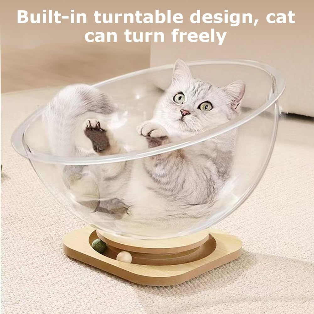 Rotating Space Capsule Cat Bed, Interactive Dome Cat House, Transparent Multi-Functional Cat Cave, Acrylic Nest Pet Furniture, for Indoor Cats Small Pets ﻿