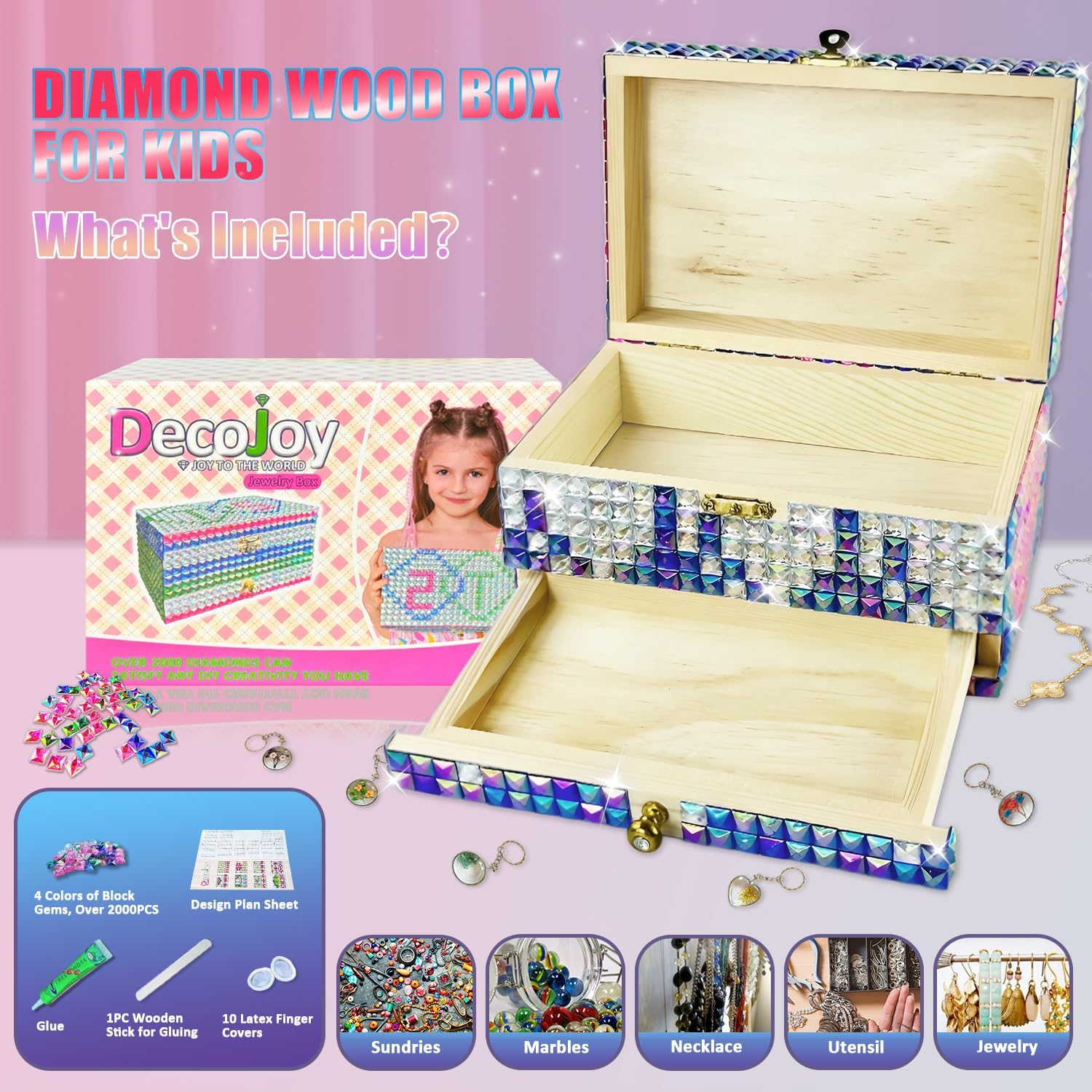 DECOJOY DIY Jewelry Box for Girls 8-12 Yrs Old, Ages 6 7 8 9 10 Year Old Girl Birthday Gift Idea, Christmas Crafts for Girls 8-10, Diamond Arts Gem Boxes Kit and Crafts for Kids, Teens image number 3
