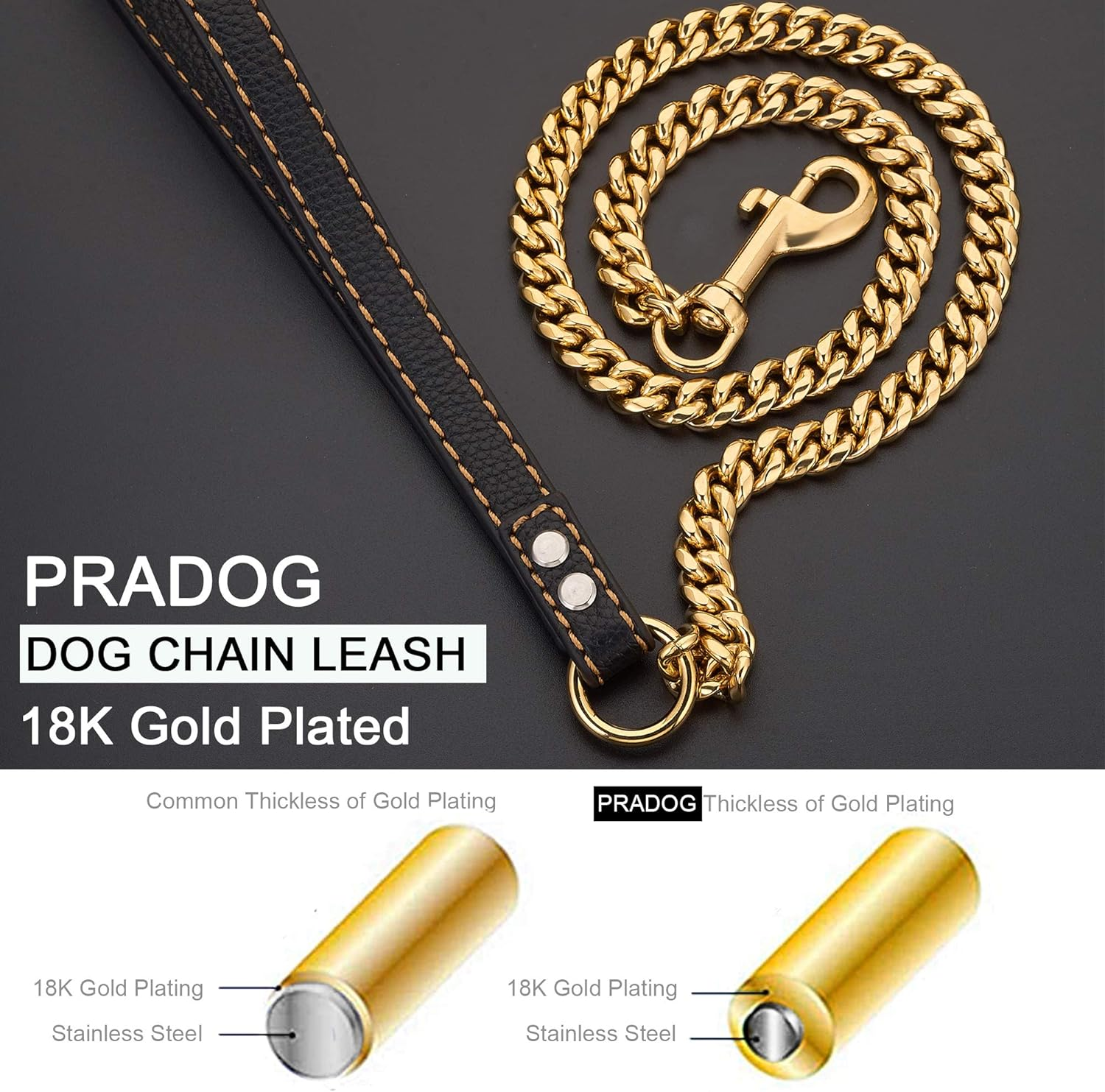 PRADOG Chain Dog Leash Metal Chew Proof 12MM Heavy Duty Pet Leash Chain with Leather Padded Handle for Large Medium Small Dogs(Total Length of 5Ft) image number 2