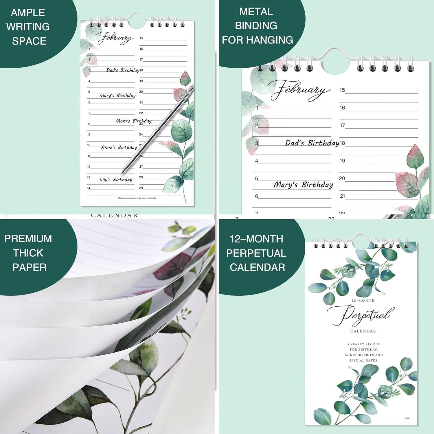 Perpetual Calendar - 12-Month Undated Calendar from Jan. to Dec., 6'' X10'' Perpetual Calendar with 2 Lines per Days, Reminding Anniversaries, Birthdays, Festivals, Birthday Reminder Book with Thick image number 5