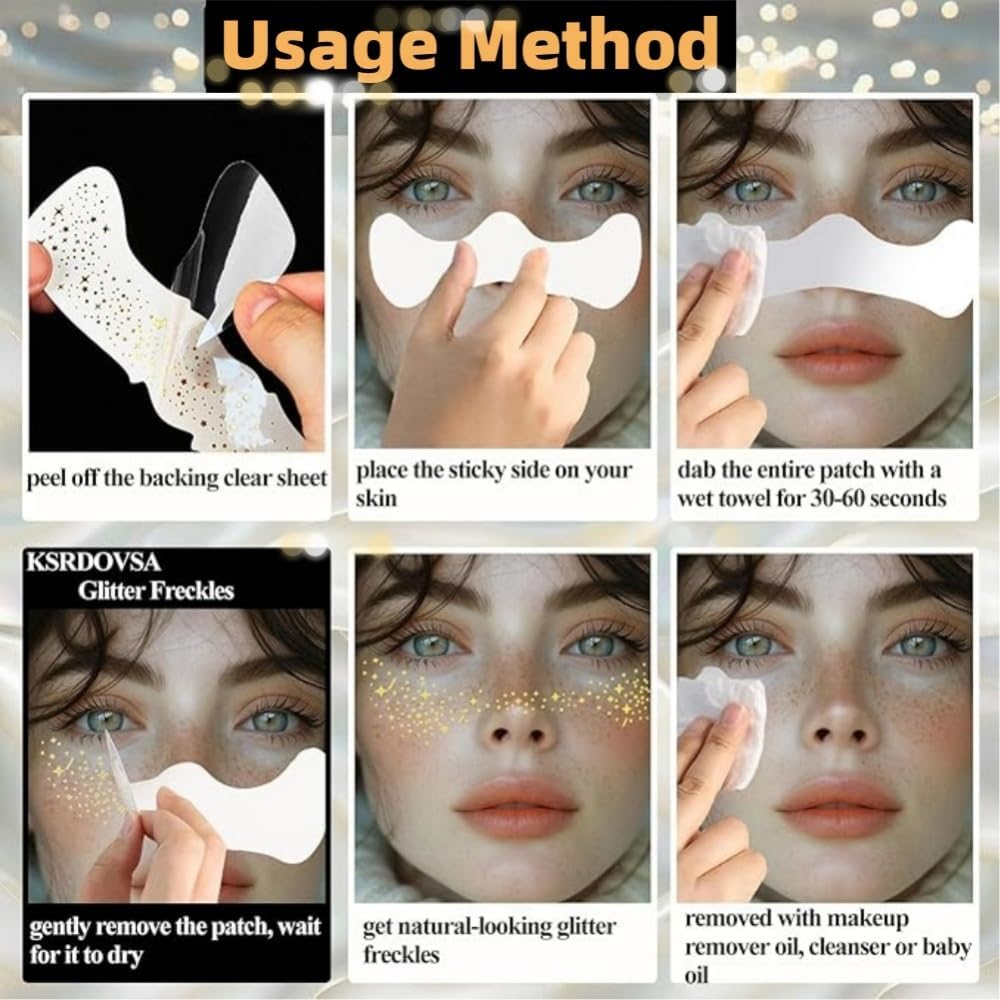 10Pcs Glitter Freckles Face Tattoo, Glitter Freckles for Face, Gold Sparkle, Makeup Patches. image number 3