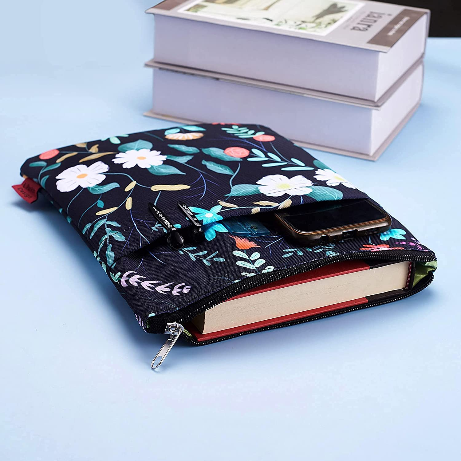 Book Sleeve Black Floral Book Protector, Book Covers for Paperbacks, Washable Fabric, Book Sleeves with Zipper, Medium 11 Inch X 8.7 Inch Book Lover Gifts image number 4