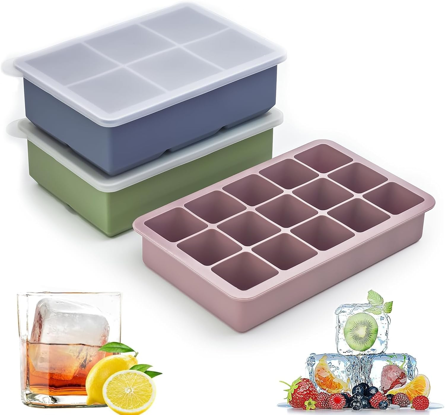 Silicone Ice Cube Tray,3 Pack Large Size Ice Cube Molds with Leak Proof Lid,Big Square Ice Cube Maker and BPA Free for Cocktail,Whiskey, Stackable, Flexible Ice image number 3