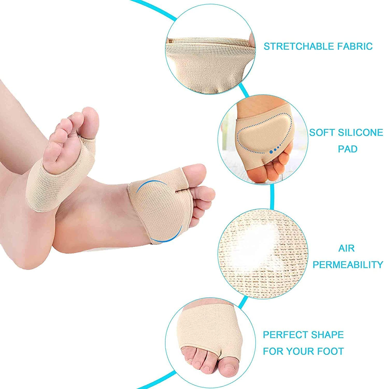 Metatarsal Sleeve Pads Soft and Comfortable Ball of Foot Cushions Pain Relief Forefoot Pads for Women and Men, 2 Pairs (Small) image number 2
