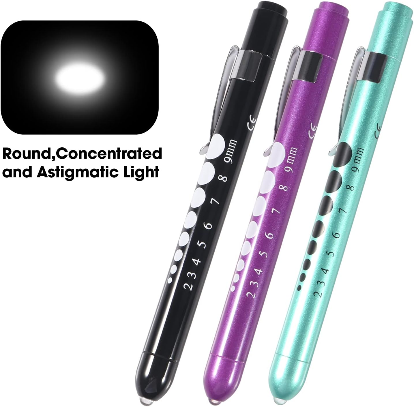 3Pcs Pen Light,Nurse Medical Reusable LED Penlight White Light with Pupil Gauge and Ruler (Black + Purple + Teal) image number 2