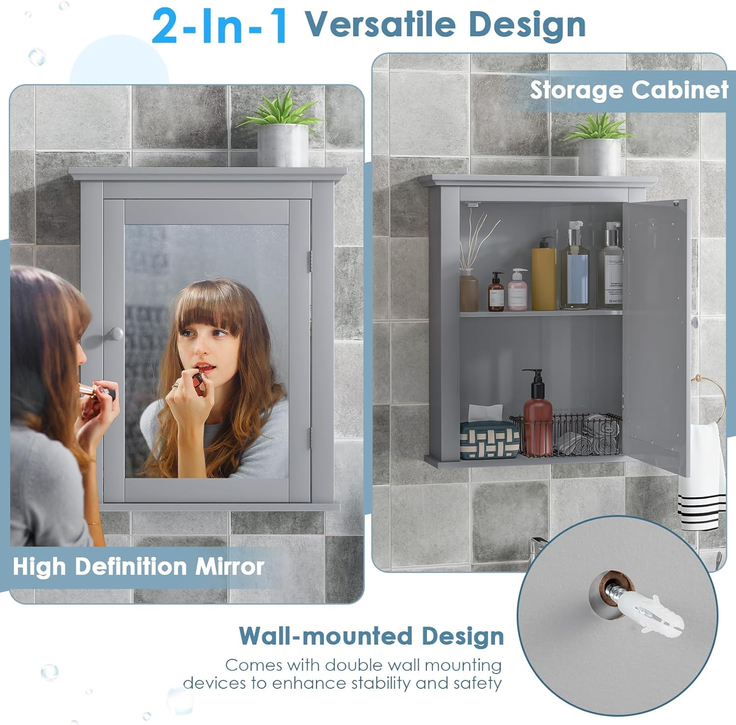 Giantex Mirrored Bathroom Cabinet, Wall Mount Wooden Medicine Storage Cabinet W/Single Door & Adjustable Shelf, Multipurpose Home Organizer 56 X 69 Cm (Gray) image number 1