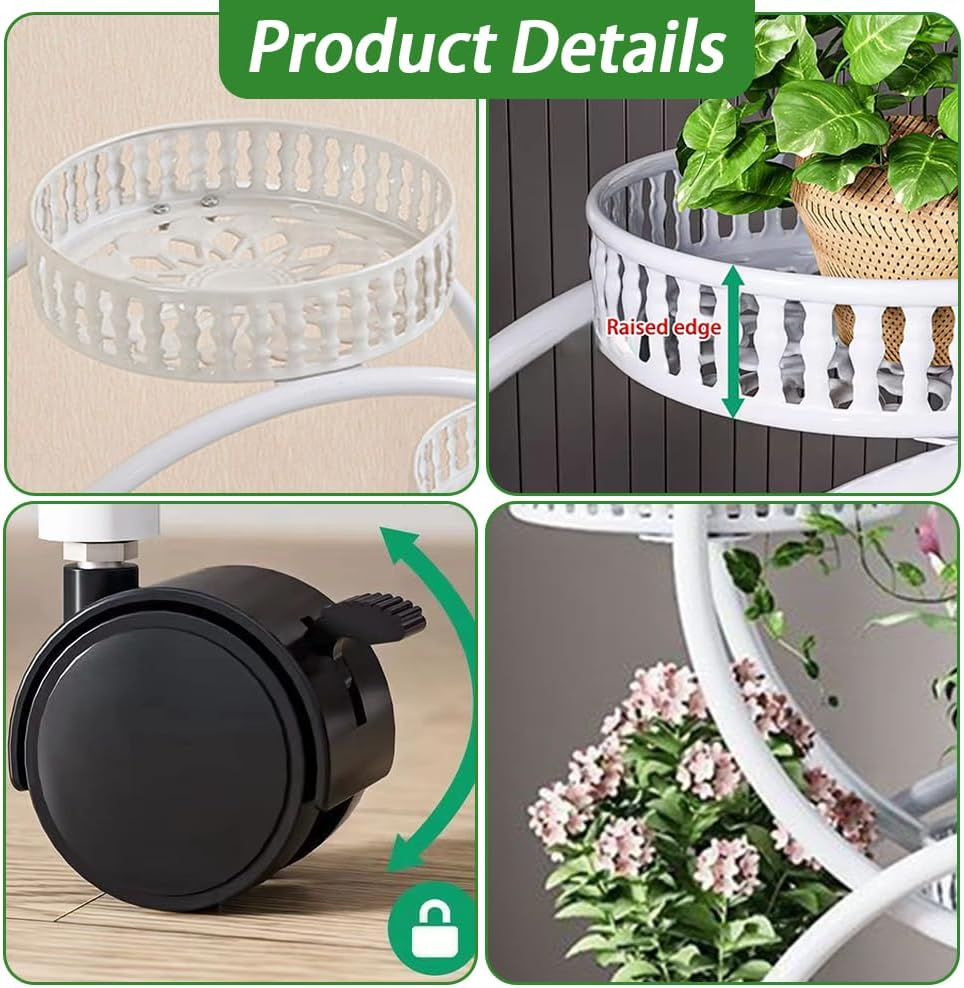 Metal Planter, Flower Stand, Creative Metal Plant Display Stand with Wheels and 1 Set of Gardening Tools, Suitable for Study Balcony Living Room and Bedroom, White, 52*80Cm image number 4